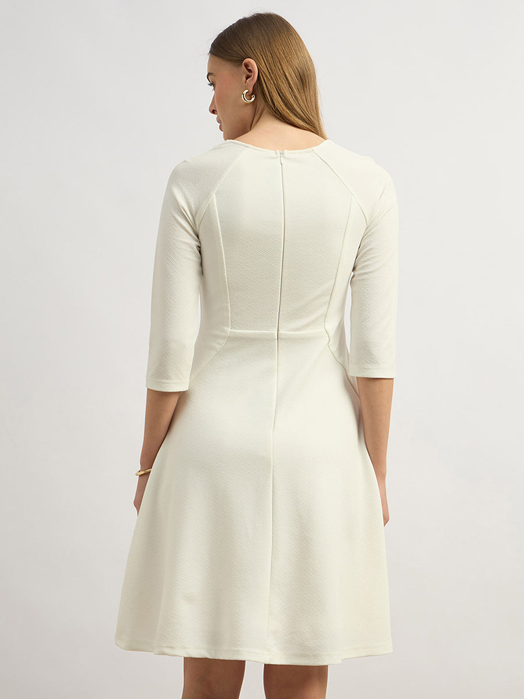 Women's Off White Solid Square Neck Raglan Sleeves Side Pocketed Polyester Fit and Flare Knee-Length Dress
