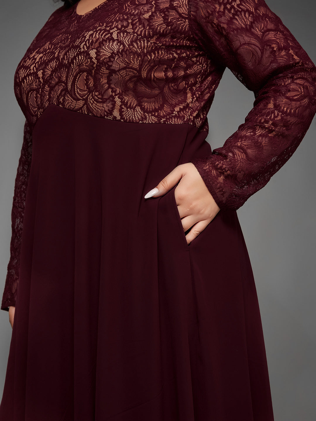 Women's Wine V-Neck Full Sleeve Self Design Lace-Overlaid Georgette Maxi Dress