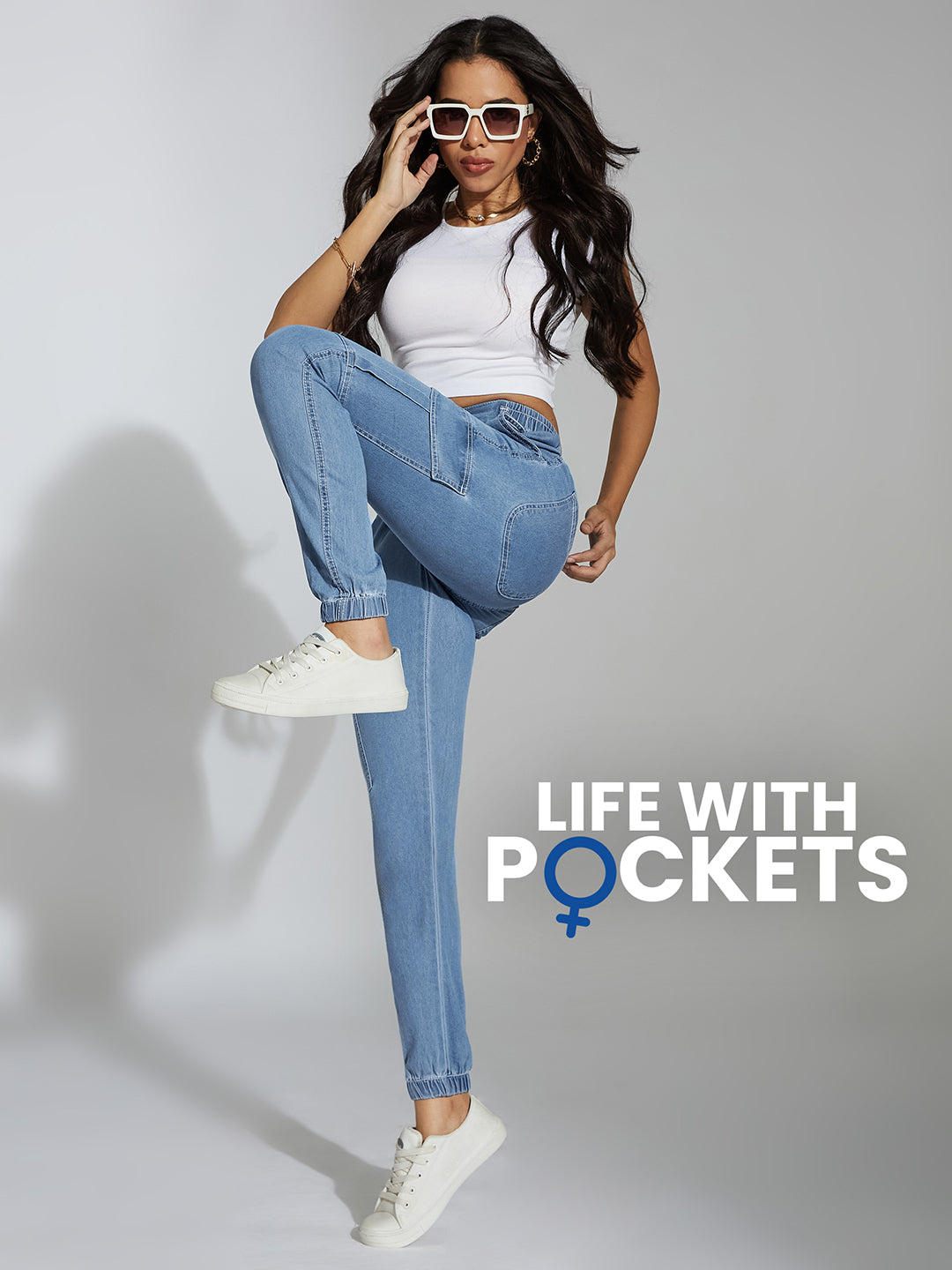 Women's Light Blue Regular High-Rise Clean-Look Regular Stretchable Light Weight Denim joggers