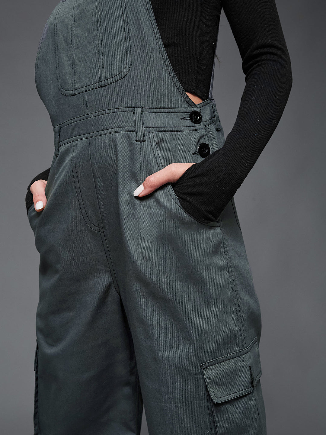 Women's Grey Square Neck Sleeveless Solid Wide-Leg Regular-Length Polyester Dungaree