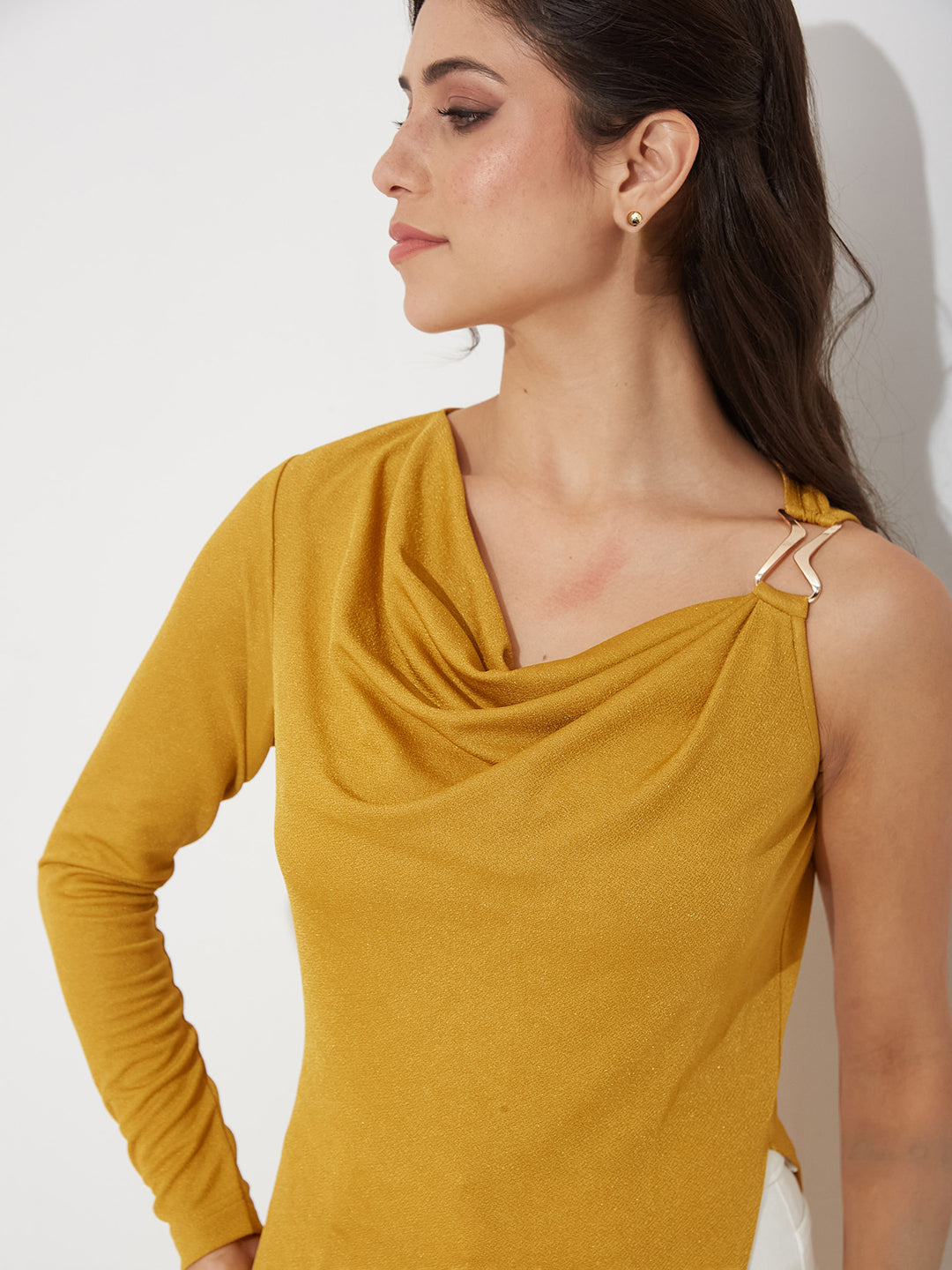 Women’s Golden Asymmetric Cowl Full-Sleeved Solid Asymmetric Maxi Polyester Top for Women