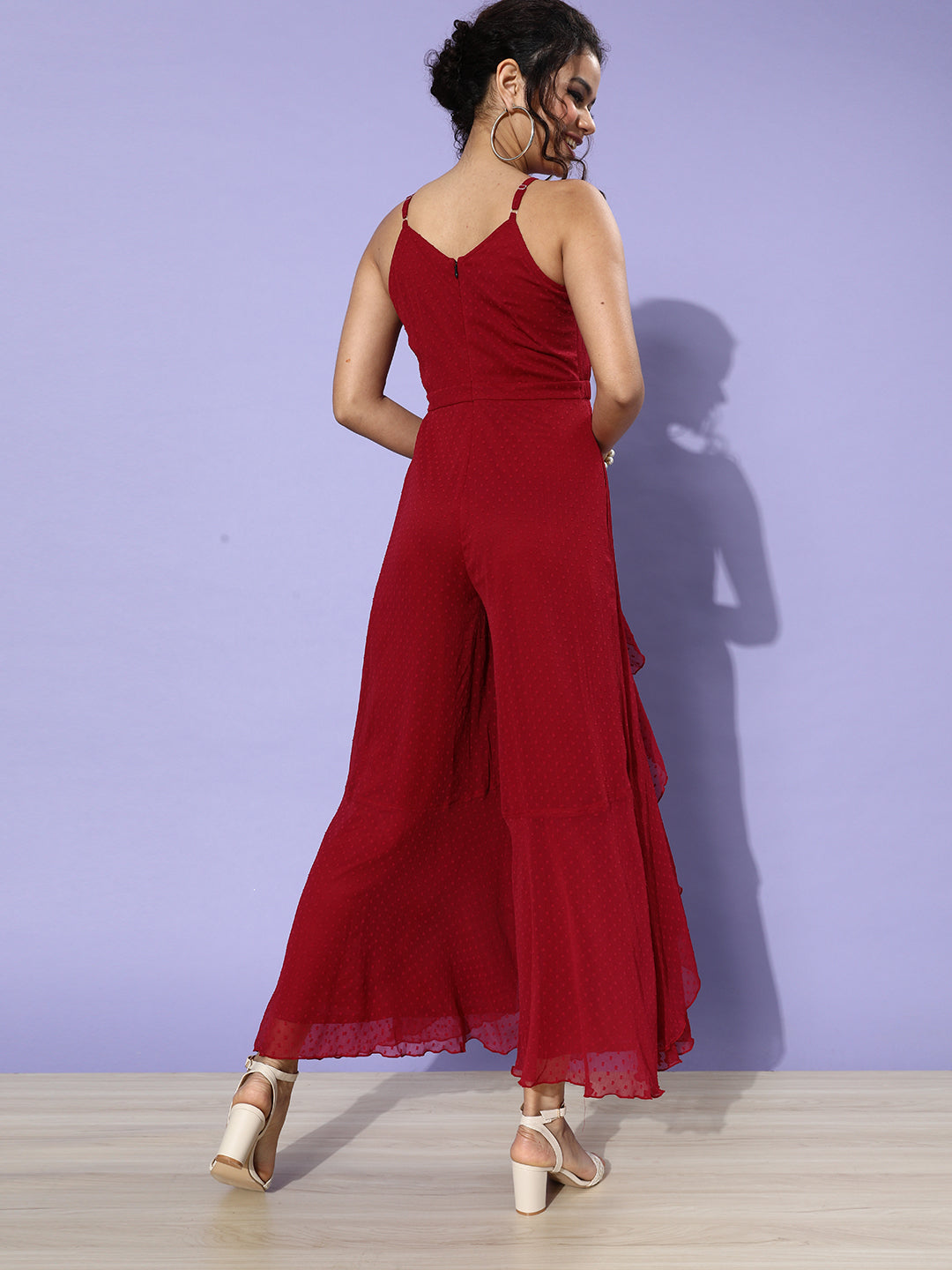 Women's Maroon Halter Neck Sleeveless Solid Ruffled Regular Jumpsuit