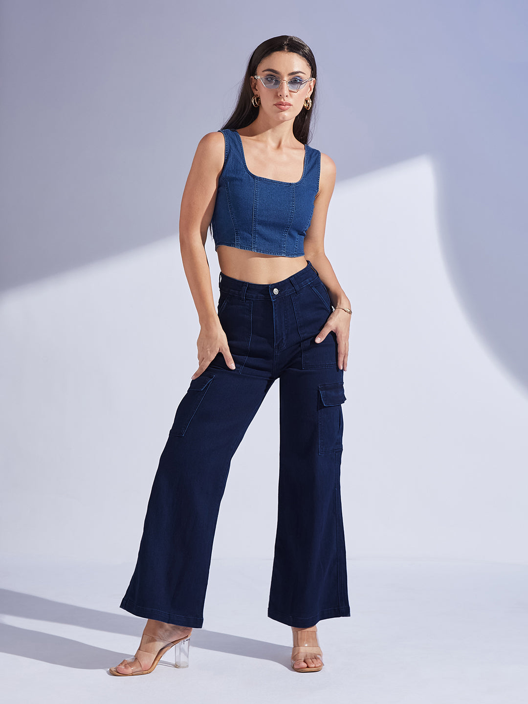 Women's Navy Blue Wide leg High-Rise Stretchable Denim Jeans