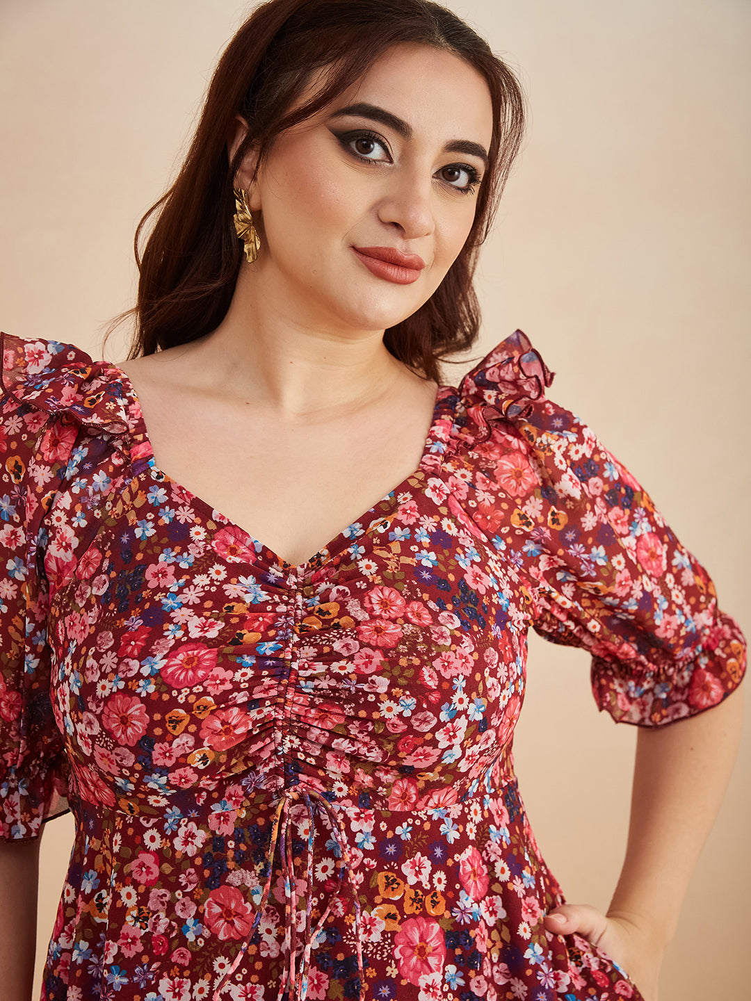 Multicolored-Base-Wine V-Neck Puff Sleeve Floral Ruching Ankle-Length Dress for Women