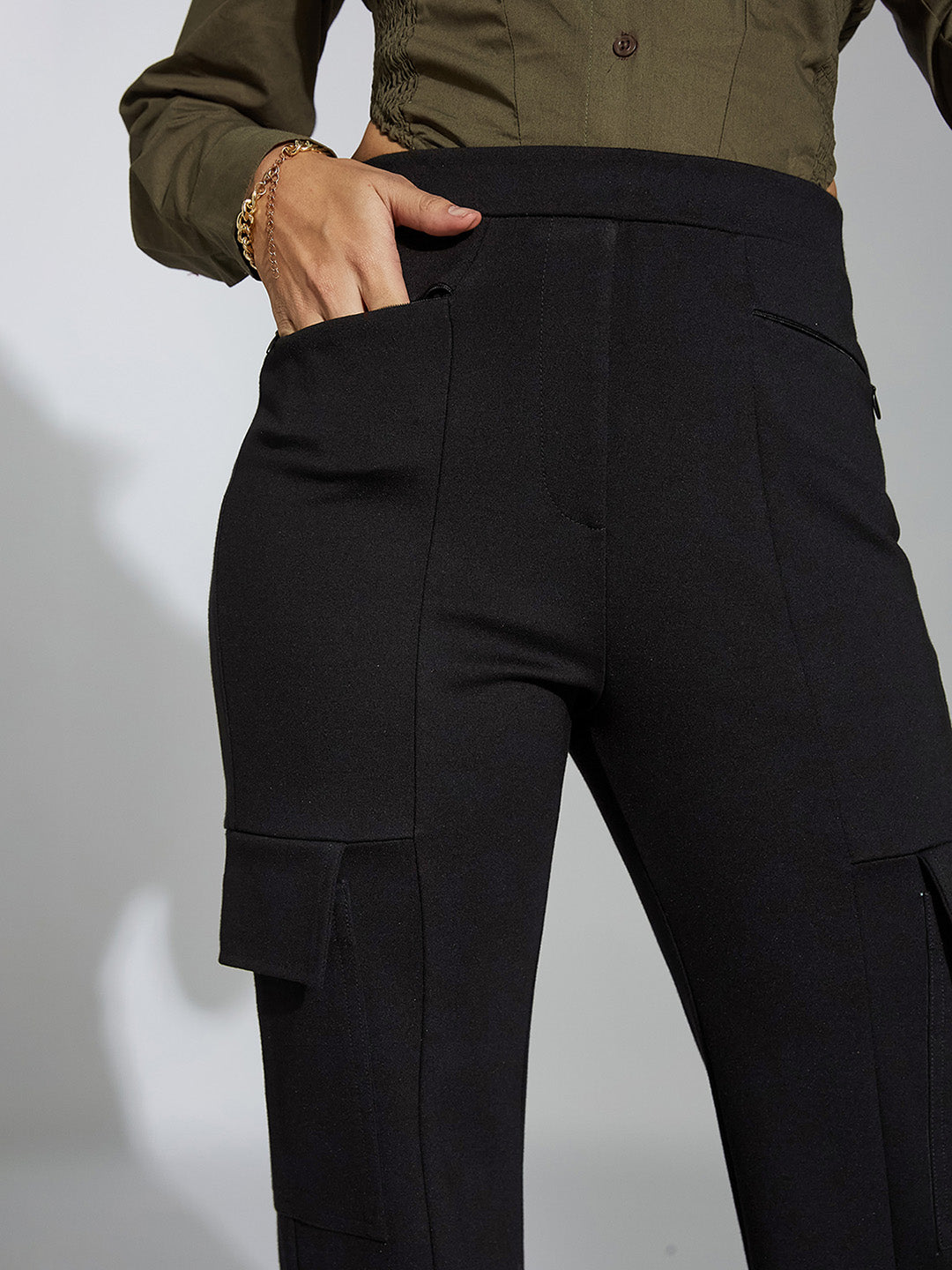 Women's Black Cargo Regular Trouser