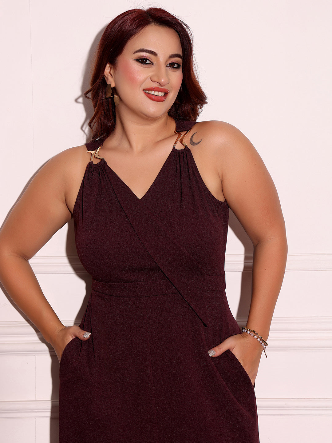 Women's Wine V-Neck Sleeveless Solid Wrap Regular Jumpsuit