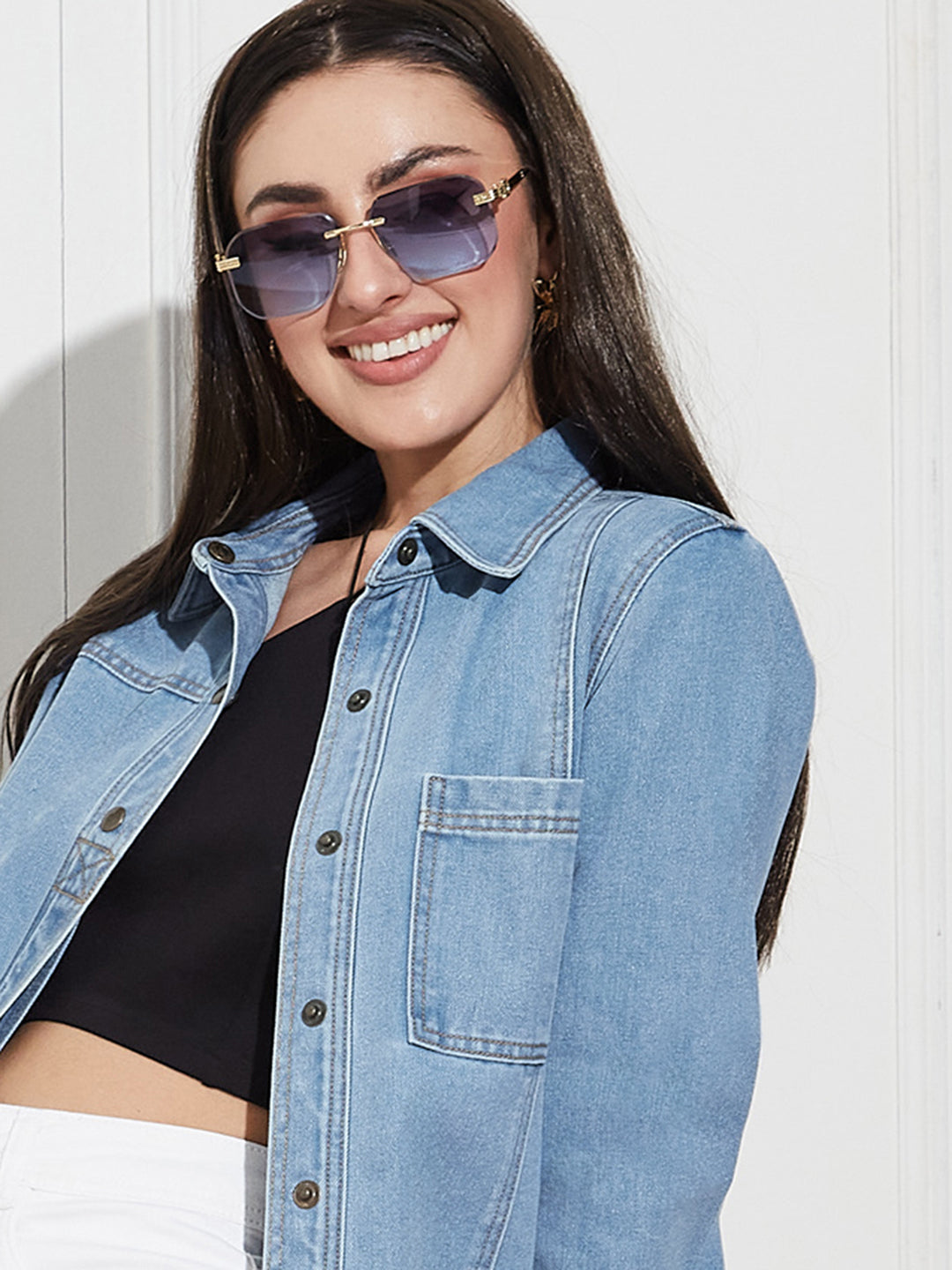 Women’s Light Blue Asymmetric Denim Shirt – Full Sleeves, Relaxed Fit, Collared