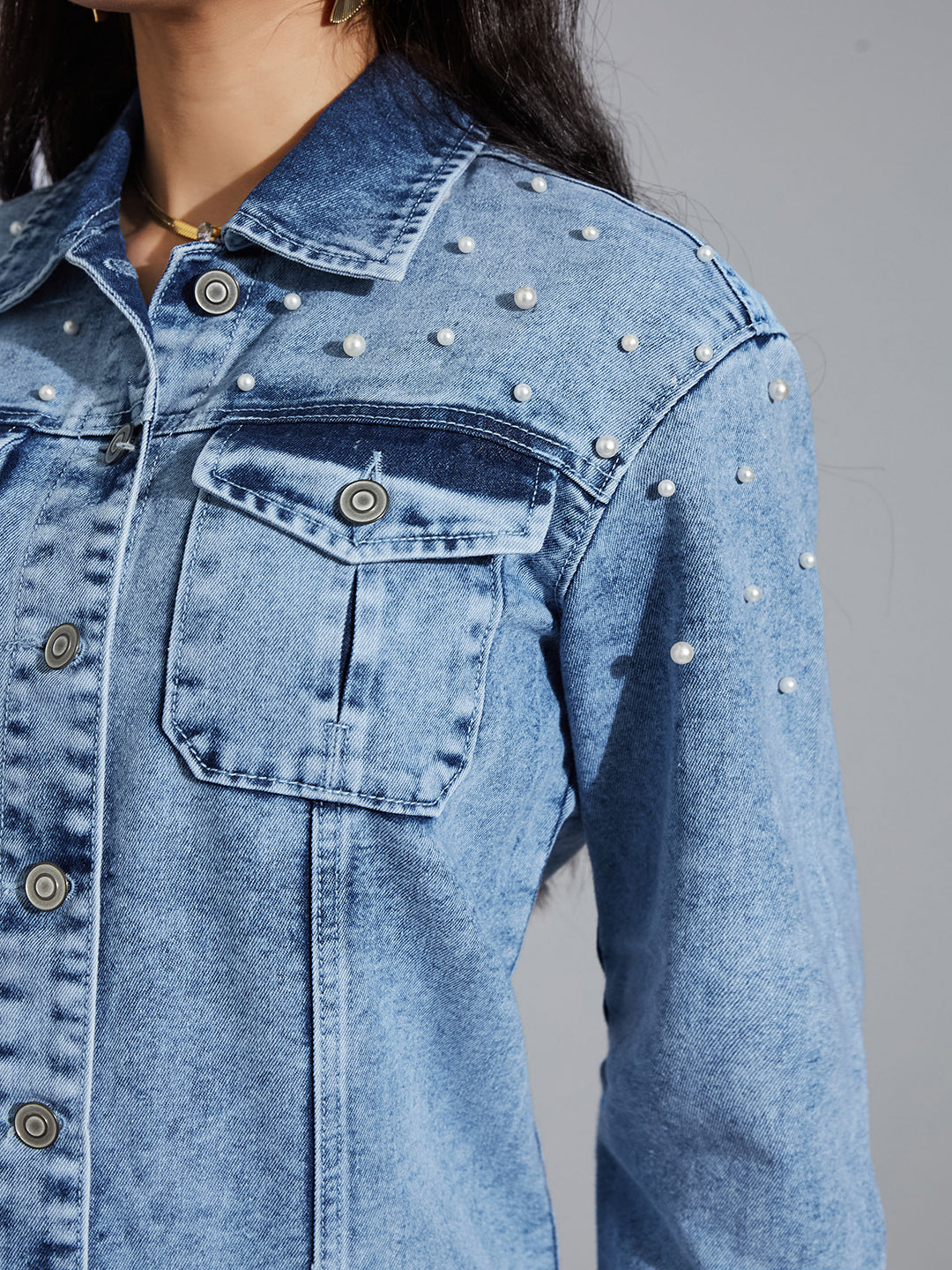 Women's Light Blue Full Sleeve Solid Embellished Pearl Denim Jacket