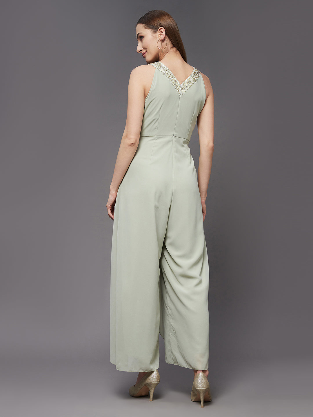 Women's Dusty Green Halter Neck Sleeveless Solid Embellished Regular Jumpsuit