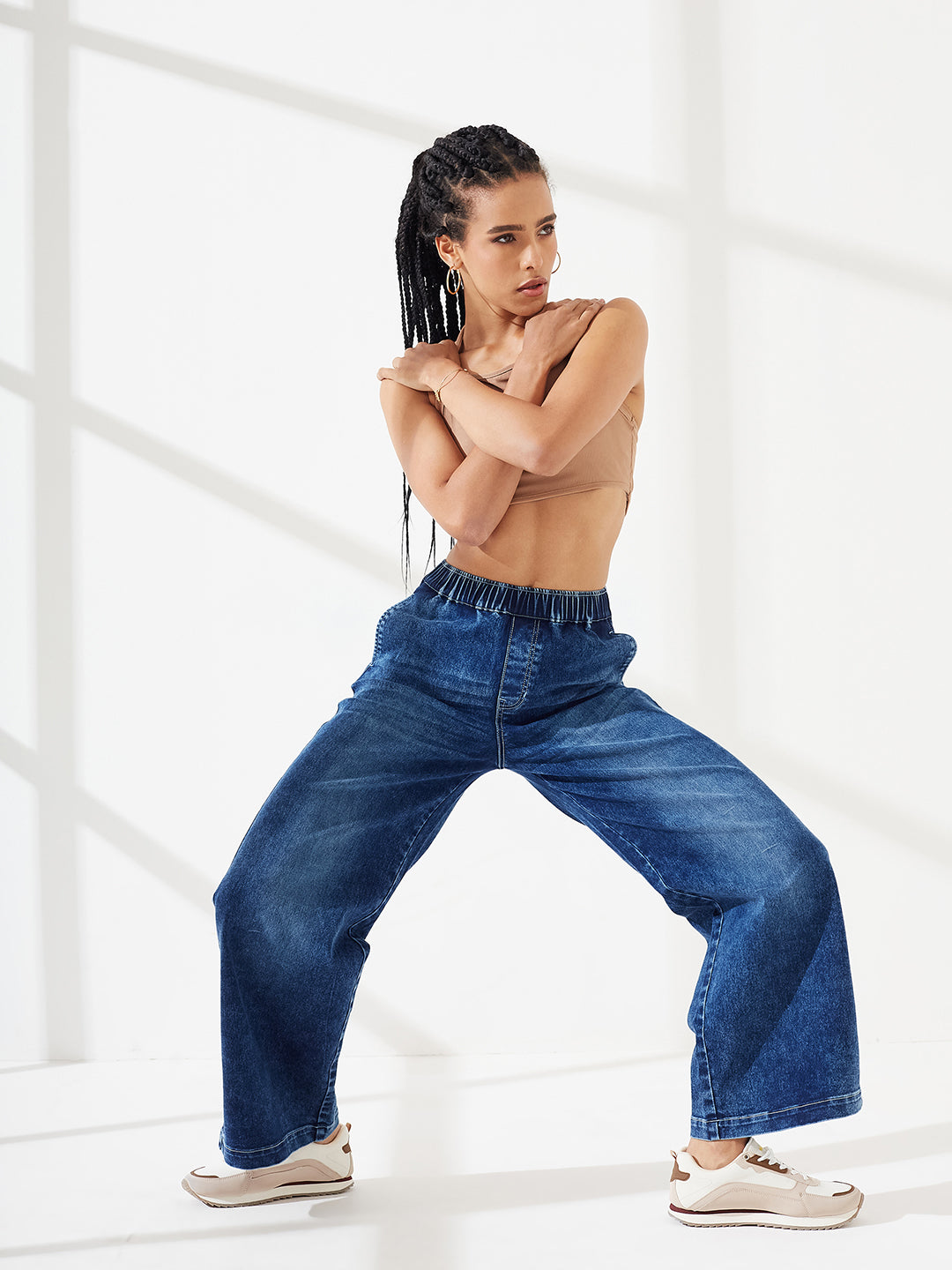 Navy Blue Wide Leg High-Rise Elasticated Waist Heavy Wash Stretchable Denim Jeans For Women