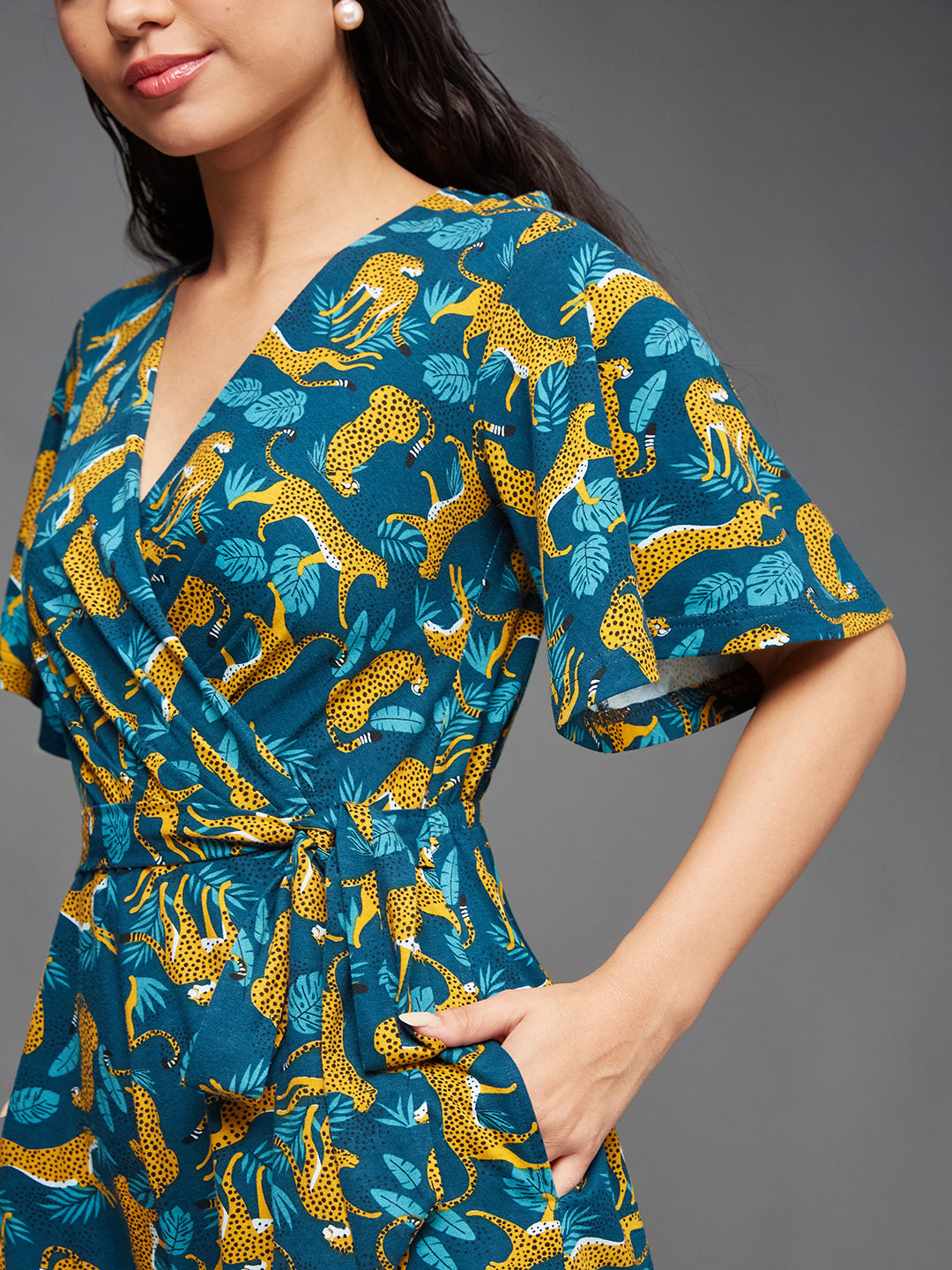 Women's Multicolored-Base-Teal V-Neck Half Sleeve Animal-Patterned Wrap Styled Pure Cotton Knee-Long Playsuit