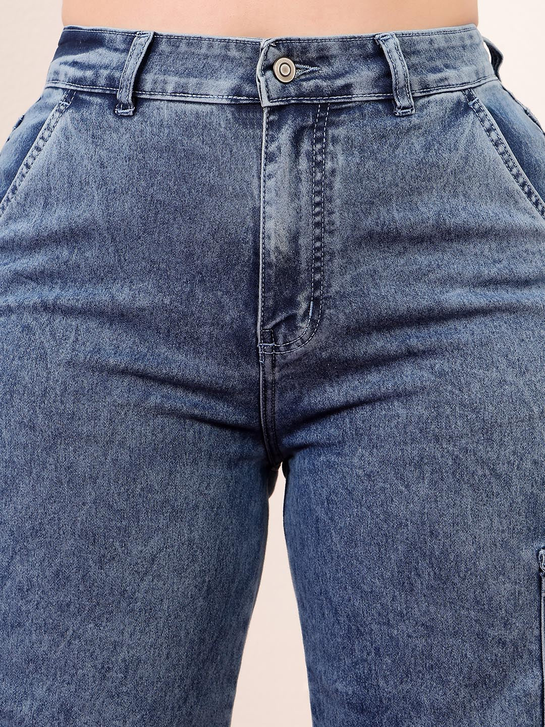 Women's Light Blue Wide-Leg High-Rise Clean-Look Stretchable Flared Cargo-Style Denim Jeans