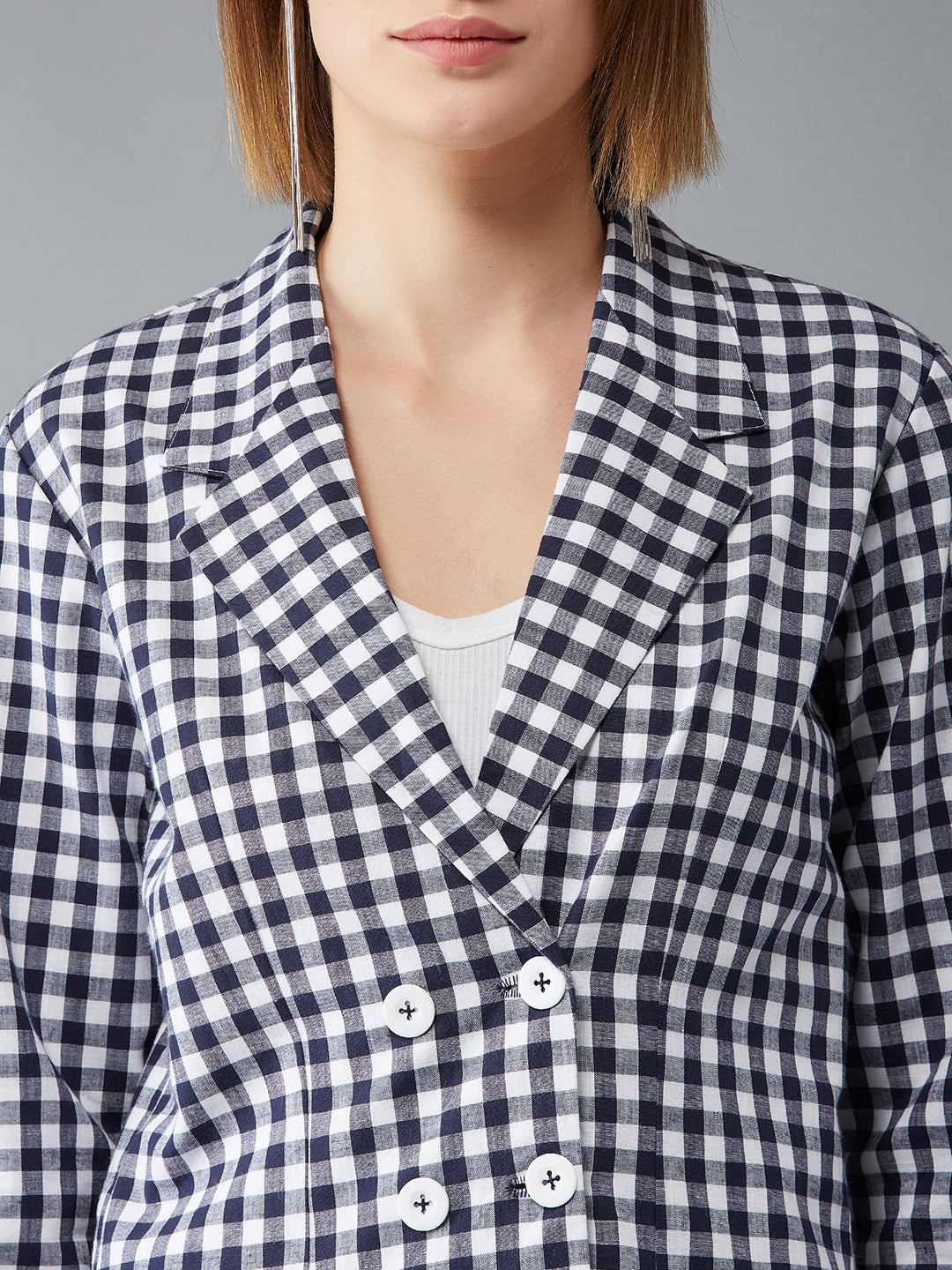 Women's Navy Blue and White Collared Full Sleeves Checkered Notched Jacket