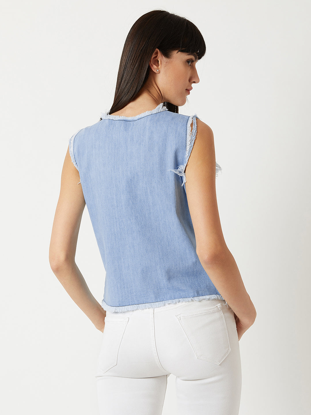 Women's Light Blue Round Neck Sleeveless Denim Solid Ice Wash Raw Edge Detailing Denim Crop Top