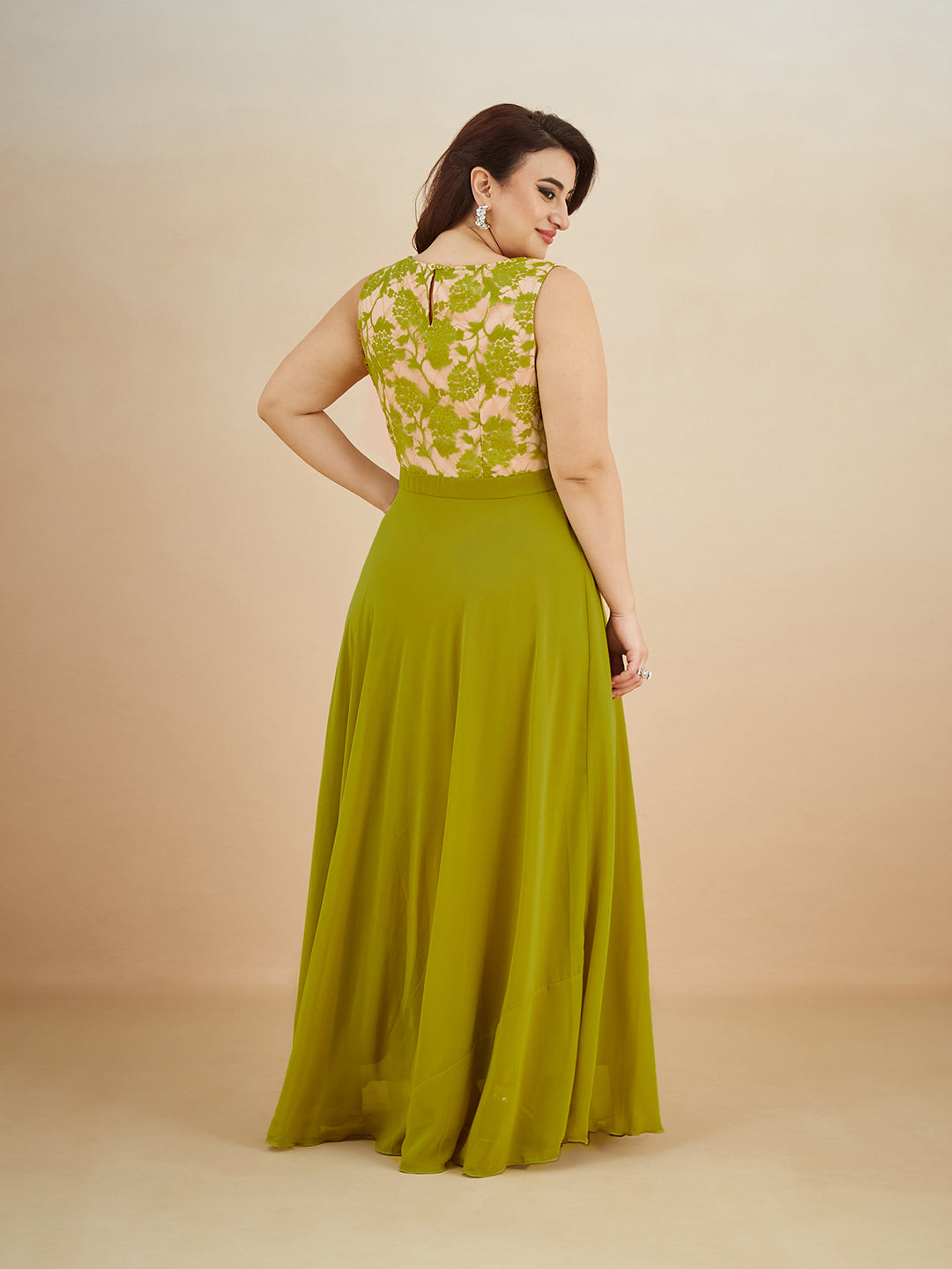 Lemon Green Round Neck Sleeveless Georgette Floral Lace Fit & Flare Maxi Dress for Women — Miss Chase A+