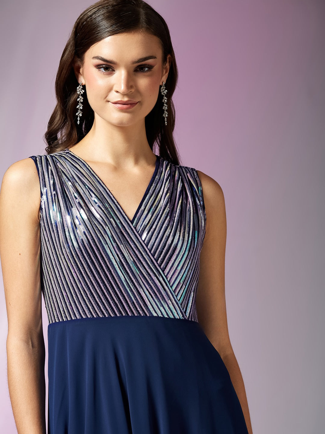 Navy Blue V-Neck Sleeveless Embellished Wrap Maxi Georgette Dress for Women