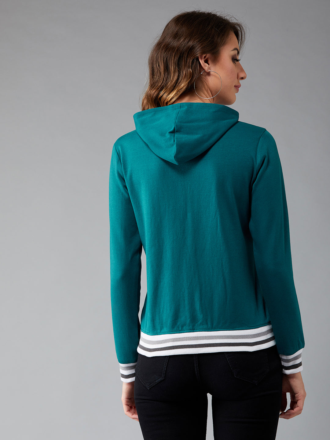 Women's Turquoise Blue Mock Collar Full Sleeves Solid Hooded Regular Length Jacket