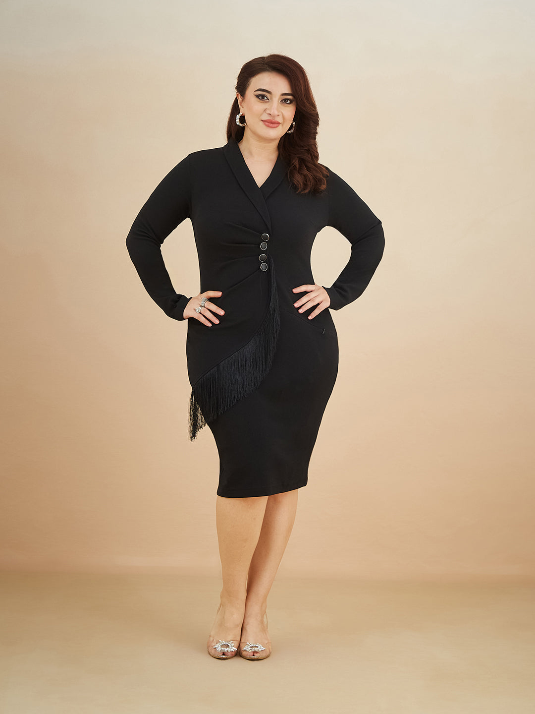 Black Solid Collared Neck Full Sleeve Polyester Bodycon Knee Length Dress for Women — Miss Chase A+