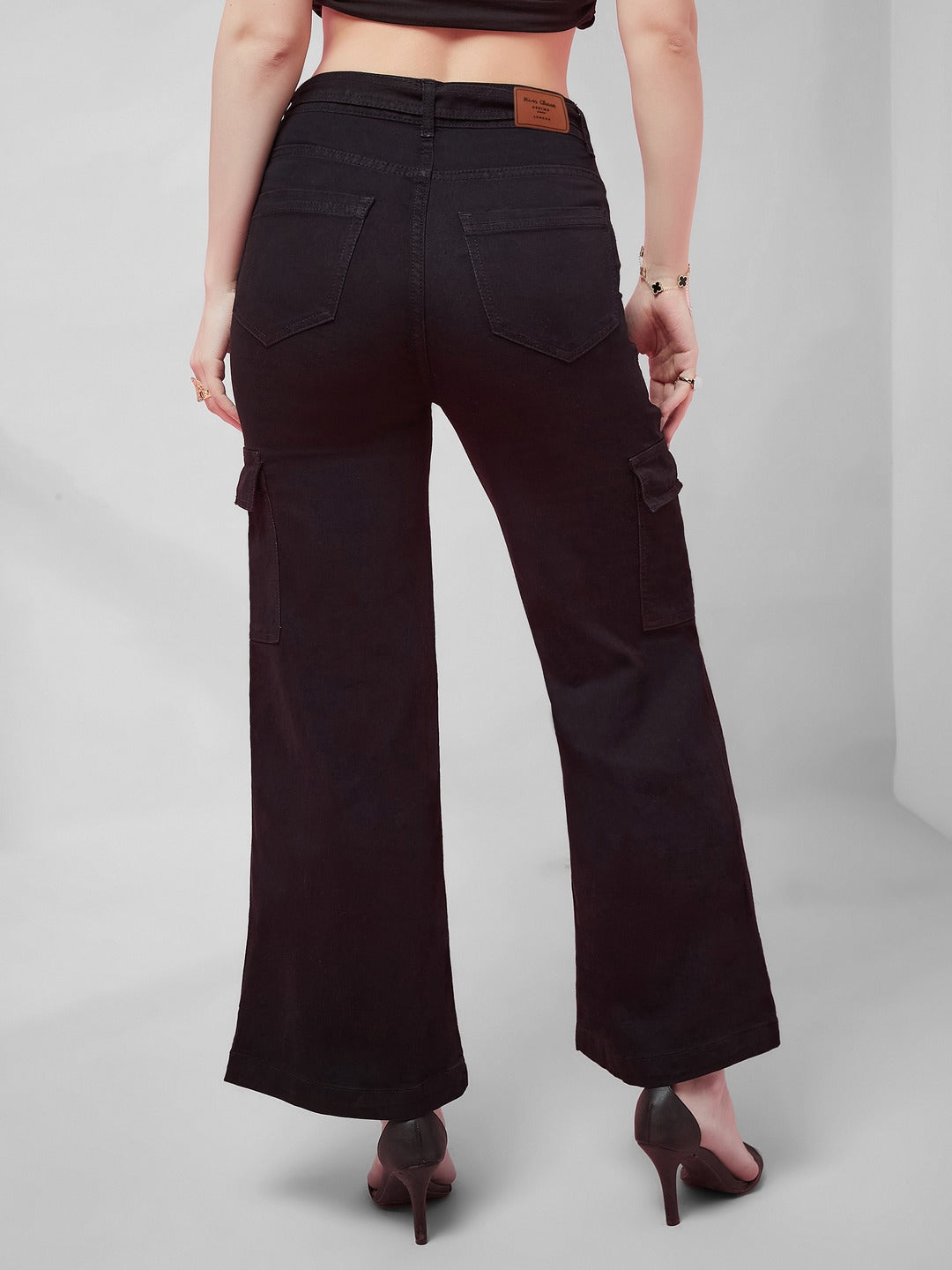 Black Wide leg high-rise Regular Stretchable Denim Jeans for Women