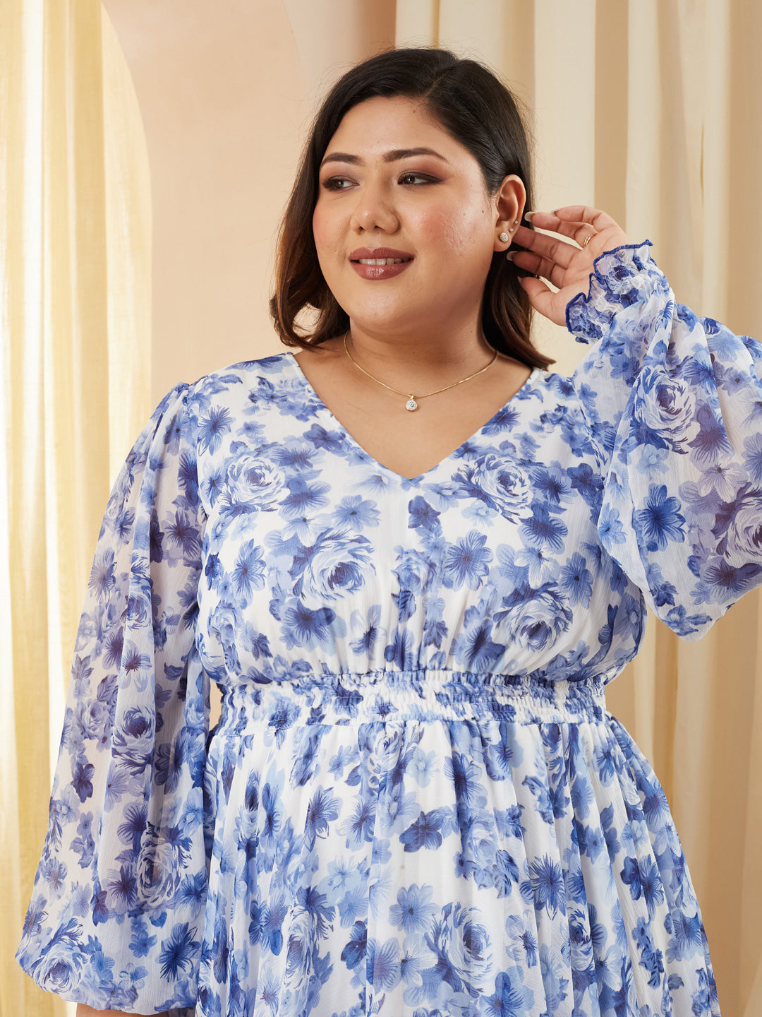 Multicolored Base White V-Neck Full Sleeve Floral Gathered Chiffon Maxi Dress for Women