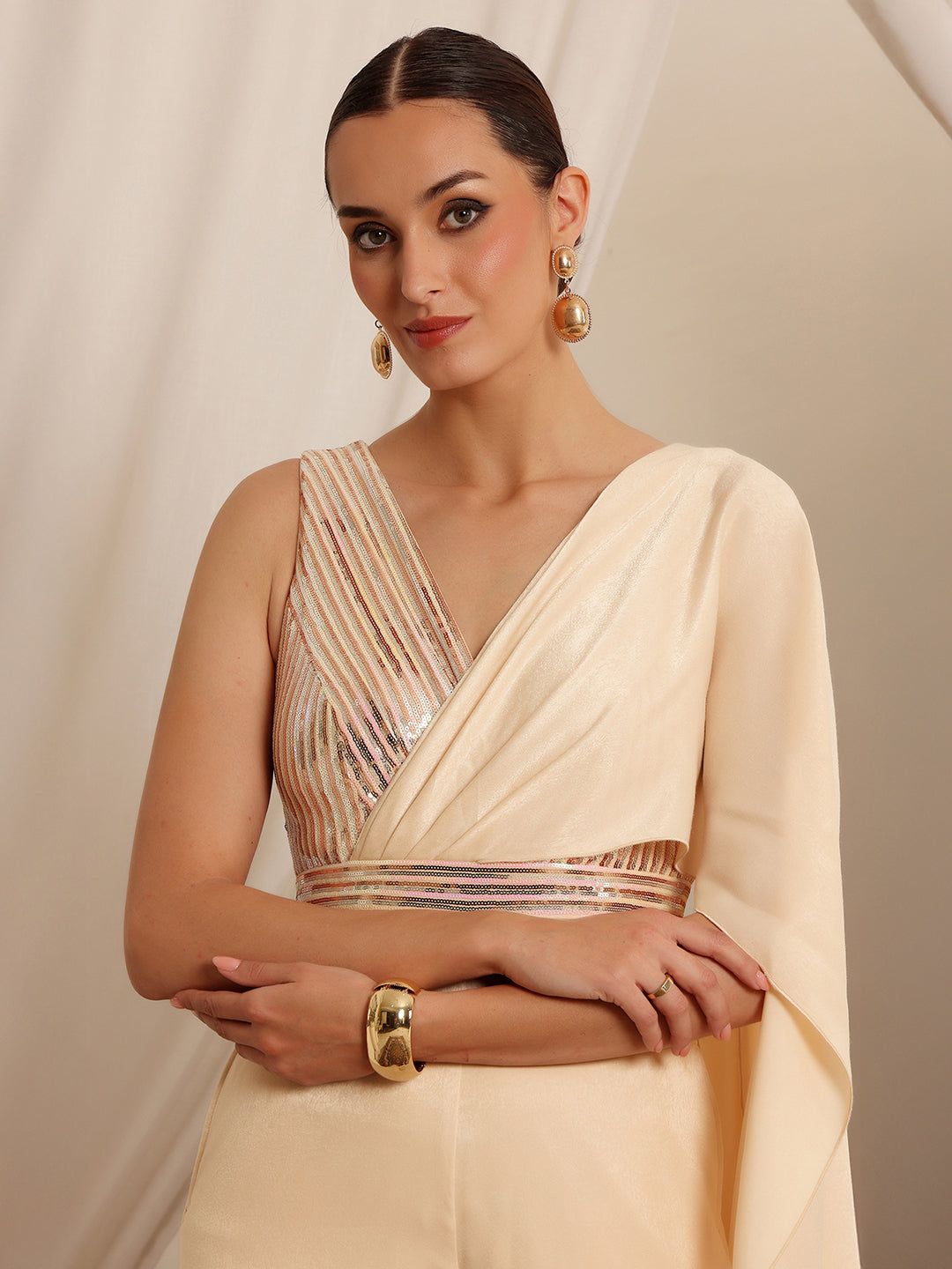 Bose Ivory Embellished Pleated Satin Jumpsuit