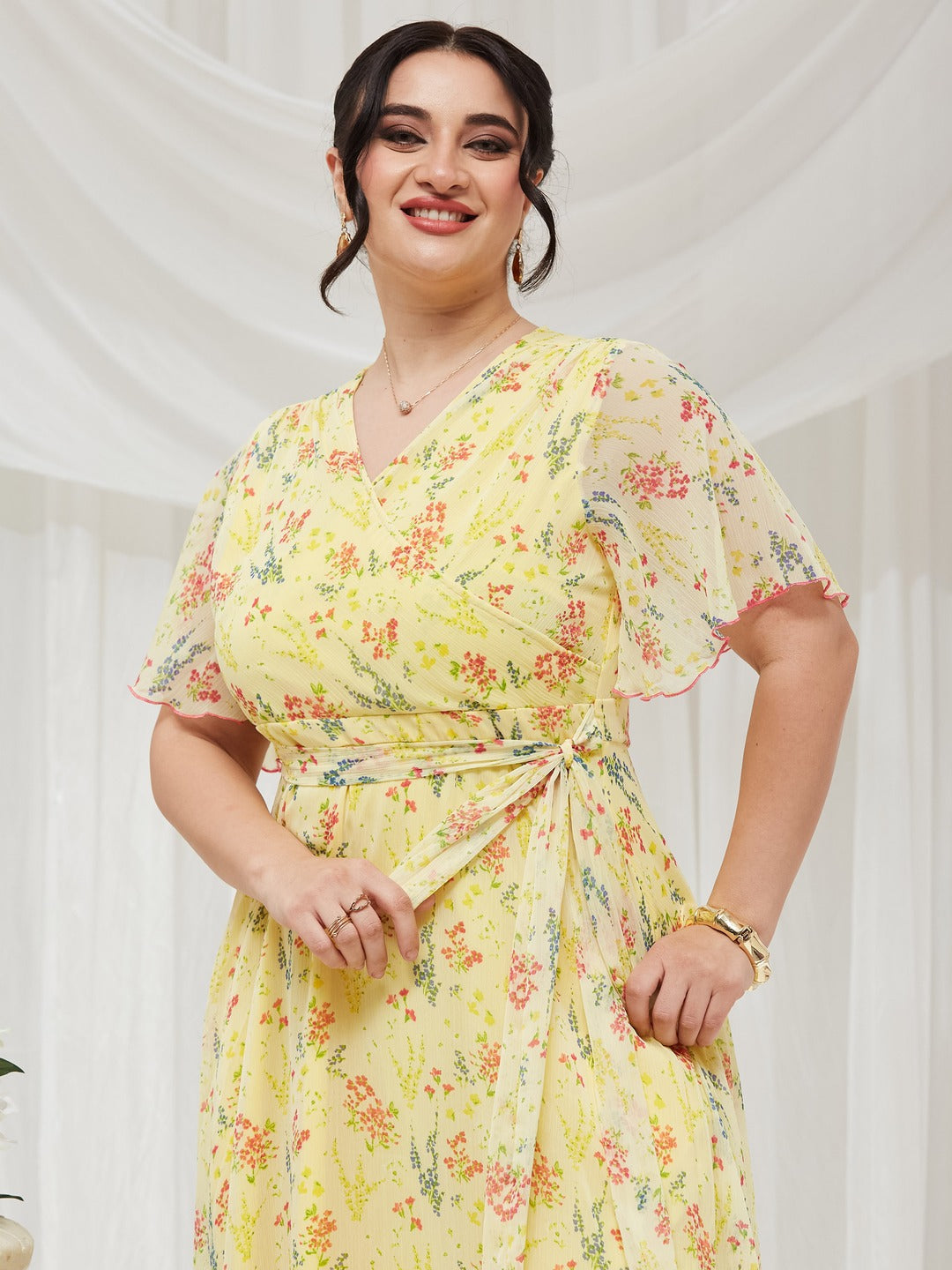 Yellow V Neck Flared Sleeve Floral Wrap Maxi Dress for Women — Miss Chase A+