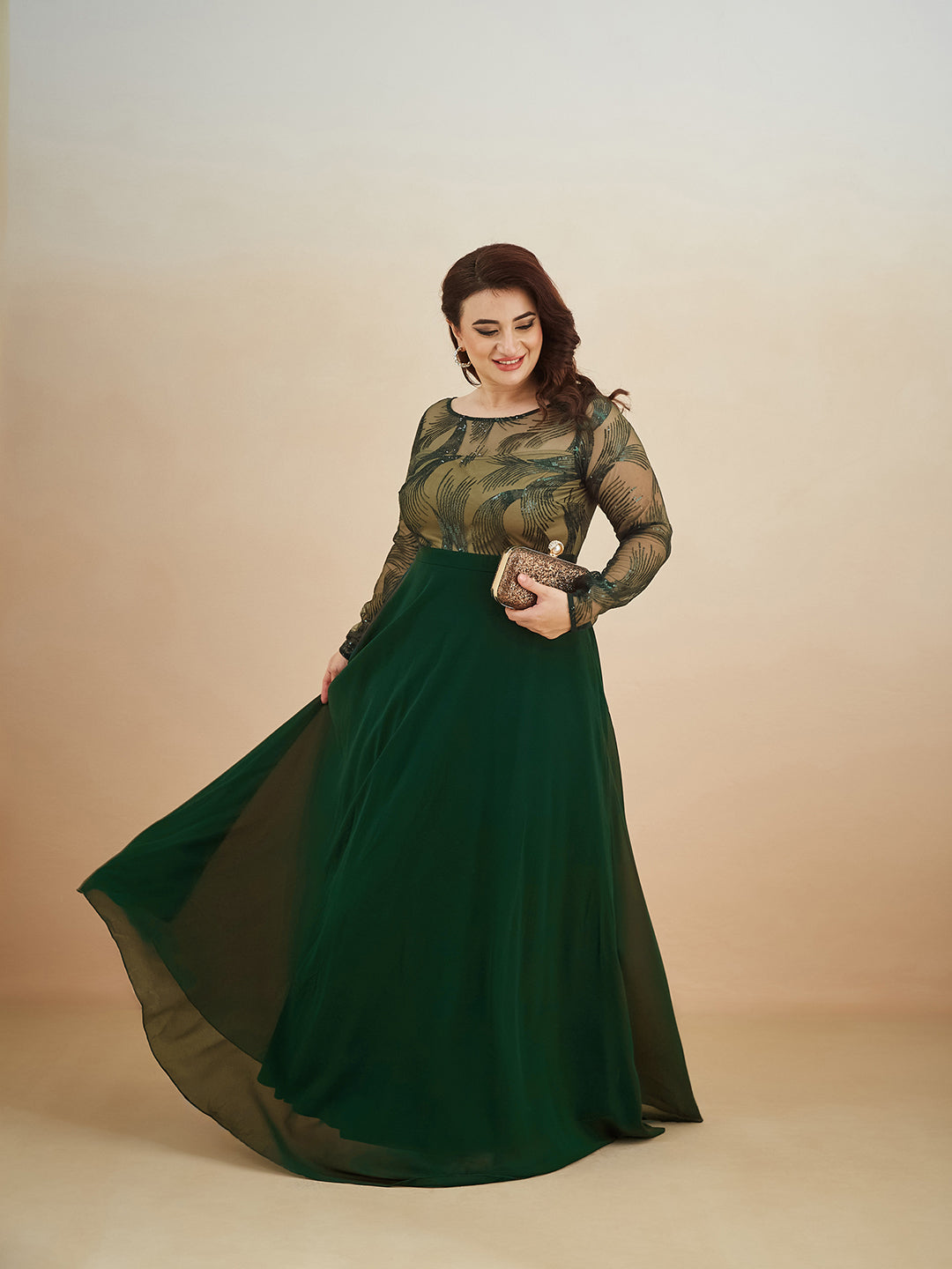 Green & Beige Solid Embellished Maxi Dress for Women