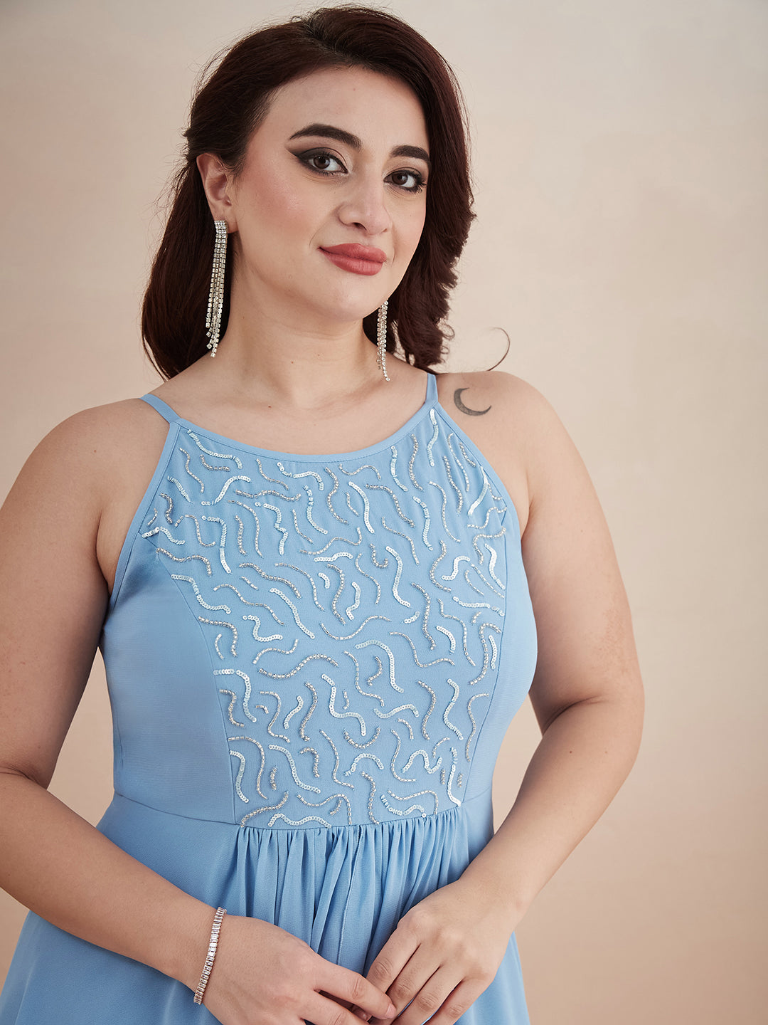 Powder Blue Halter-Neck Sleeveless Embroidered Layered Georgette Maxi Dress for Women