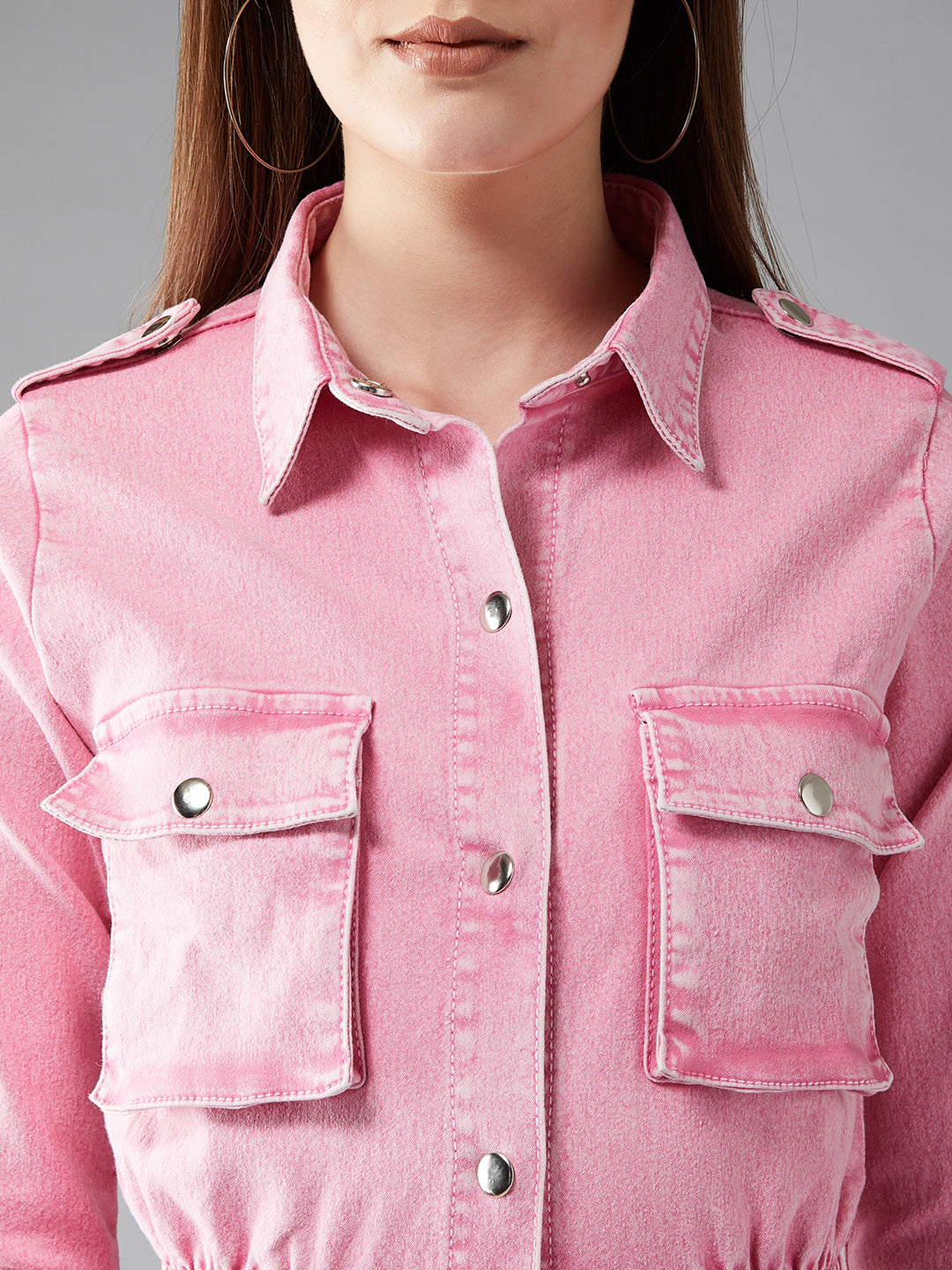 Women's Pink Polo Neck Full Sleeves Denim Solid Regular Length Jacket