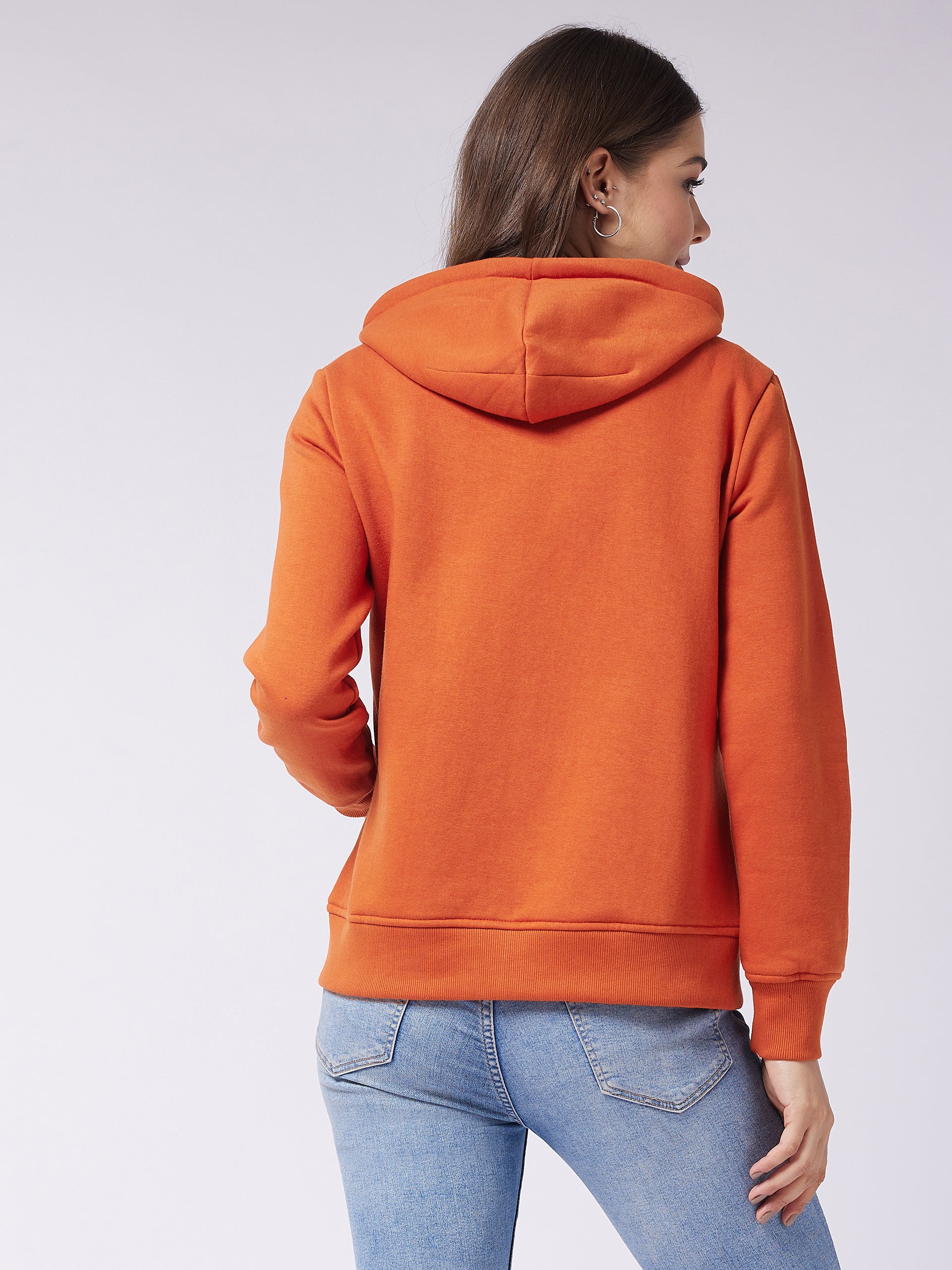 Women's Rust Round Neck Full Sleeve Solid Hooded Regular Sweatshirt