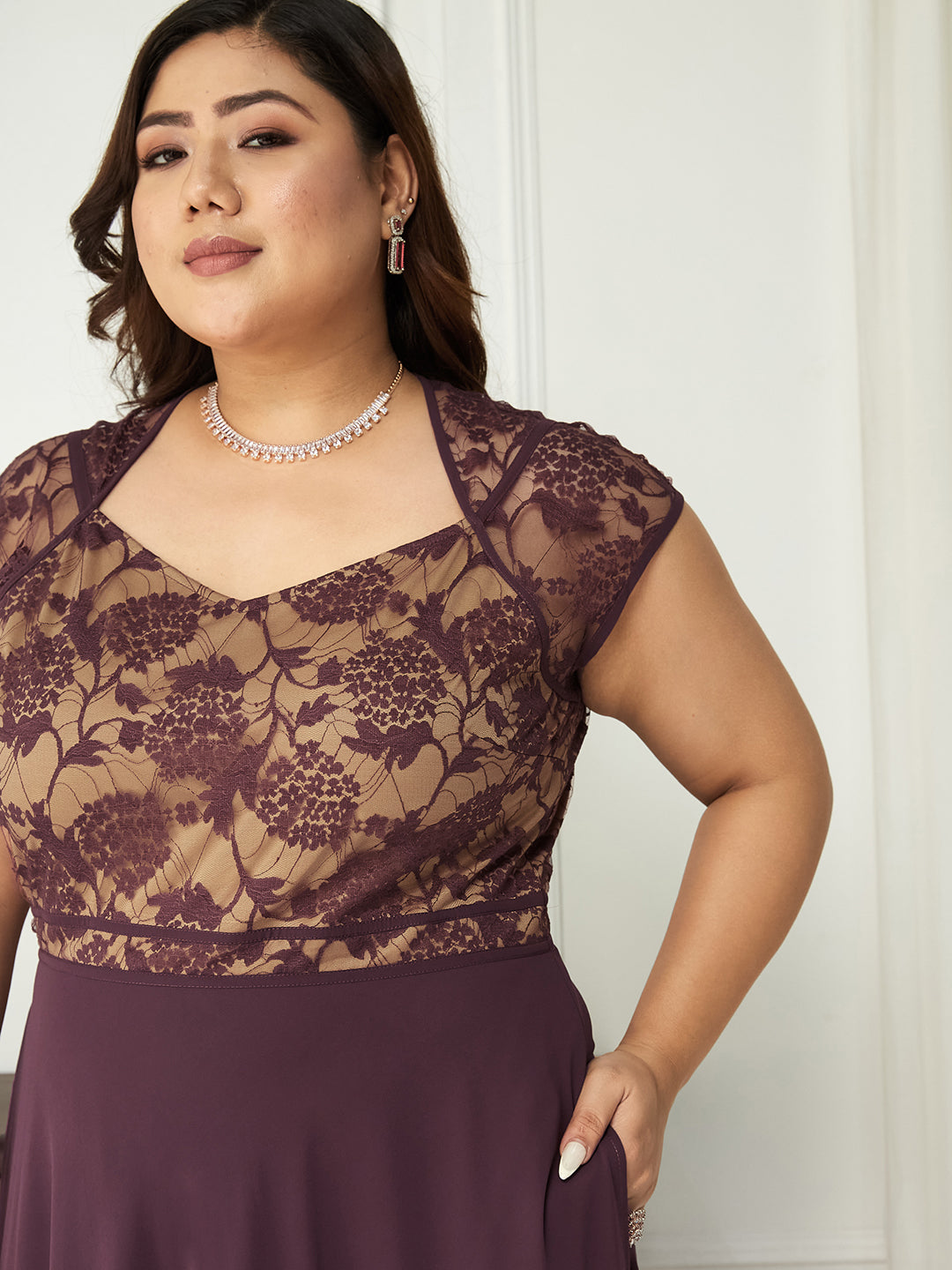 Mauve Sweetheart-Neck Raglan-Sleeve Self-Designed Fit & Flare Georgette Maxi Dress for Women