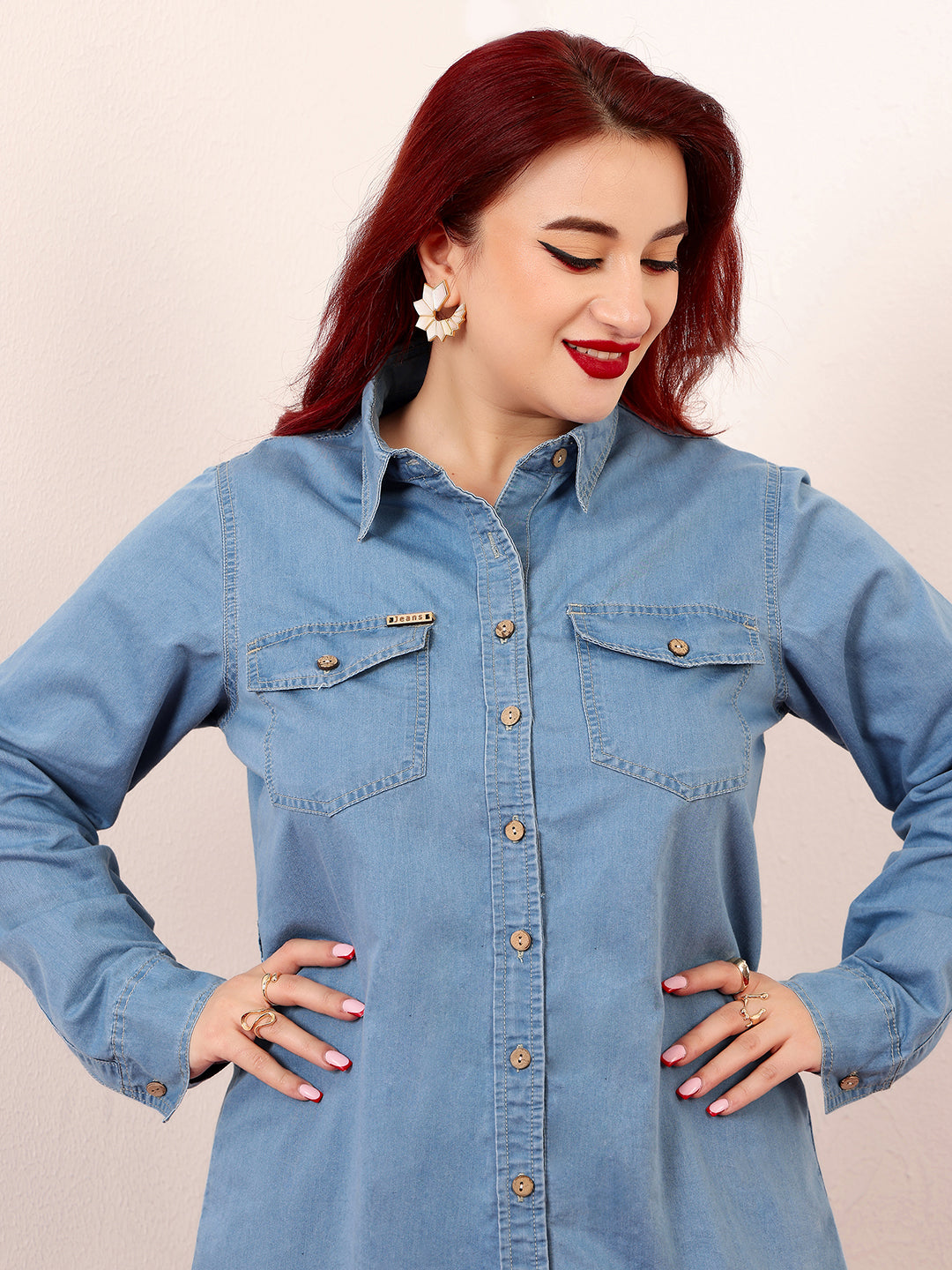 Women's Blue Polo Neck Rolled-Up Full-Sleeves Denim Solid Buttoned A-Line Mini Dress