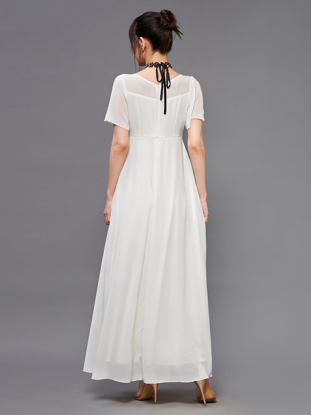 Women's Off White V-Neck Short Slit Sleeve Embroidered Embellished Georgette Maxi Dress