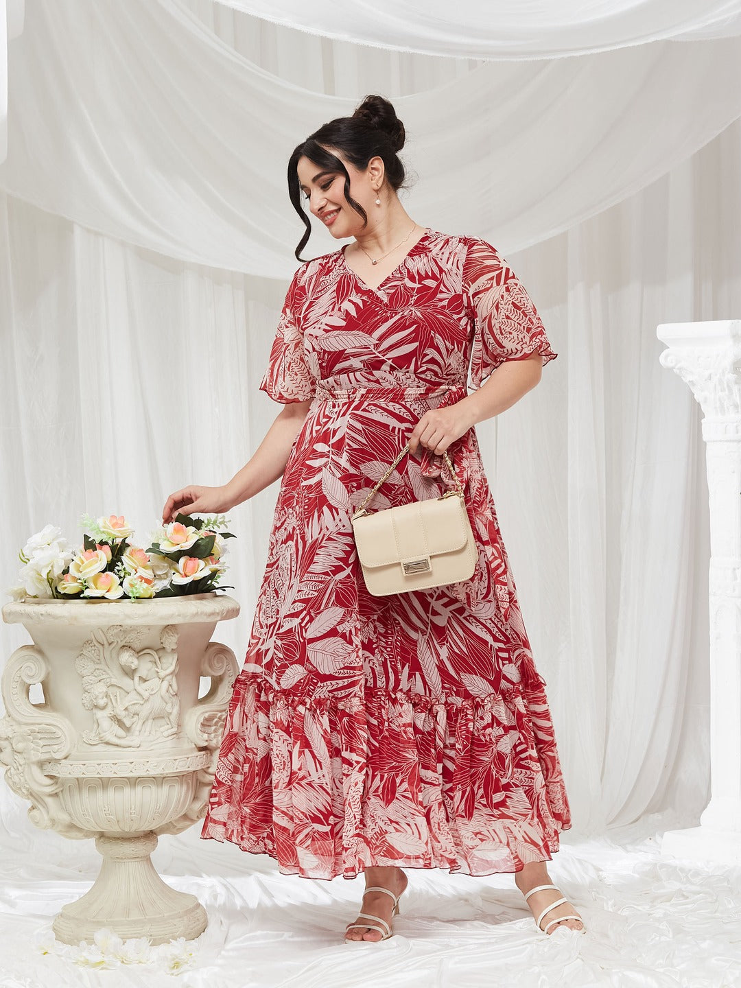 Maroon V Neck Flared Sleeve Floral Wrap Maxi Dress for Women — Miss Chase A+