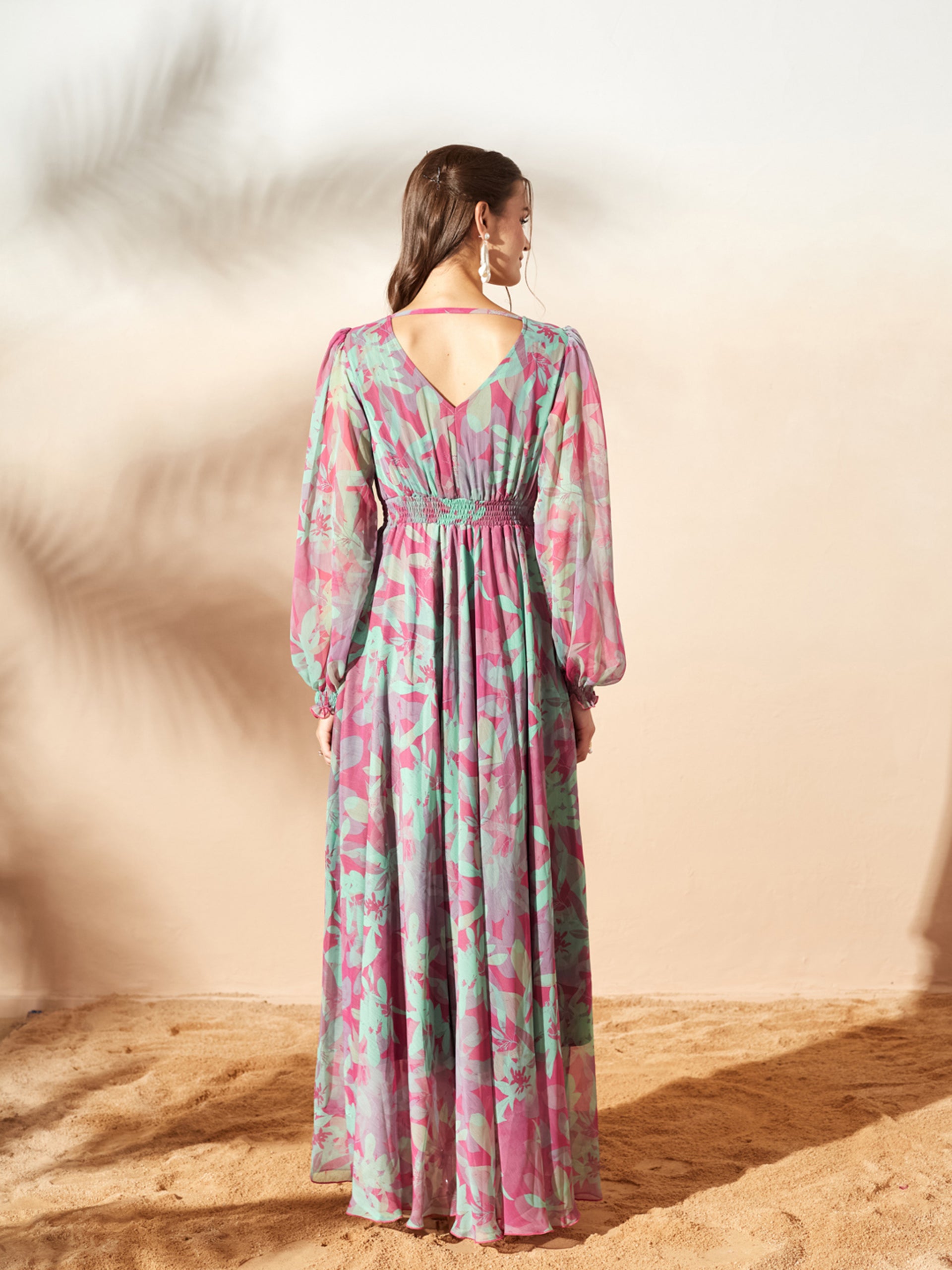 Pink & Mint Full Sleeves Floral Printed Fit and Flare Dress for Women