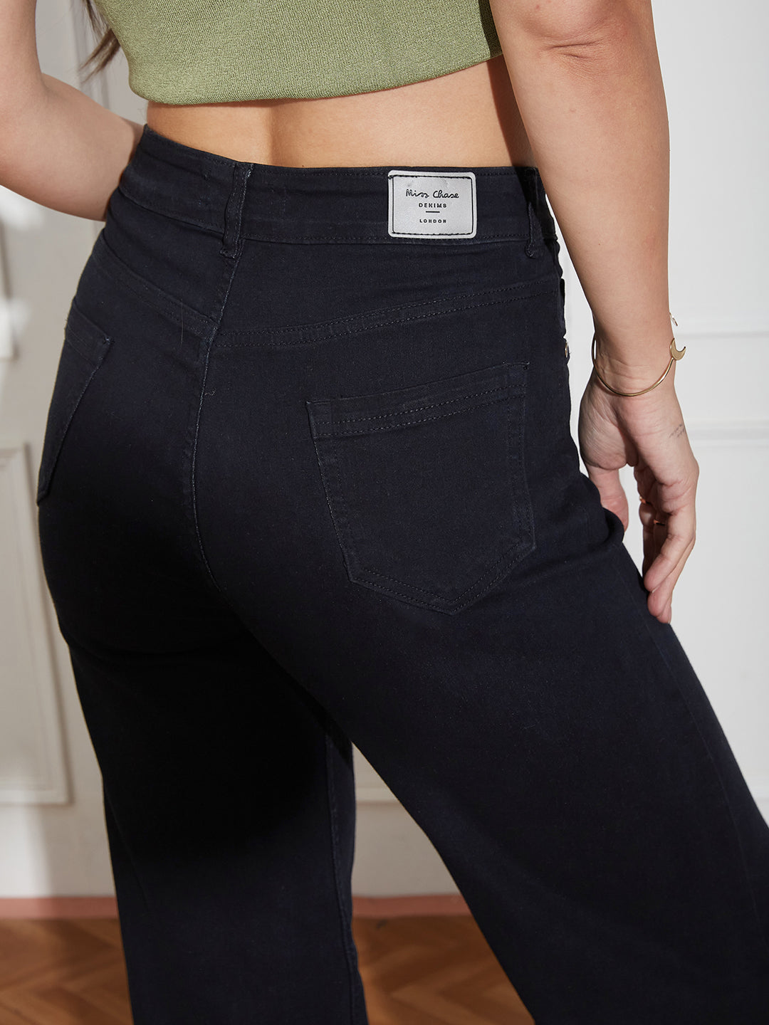 Women's Black Wide-Leg High Rise Clean Look Regular-Length Stretchable Denim Jeans