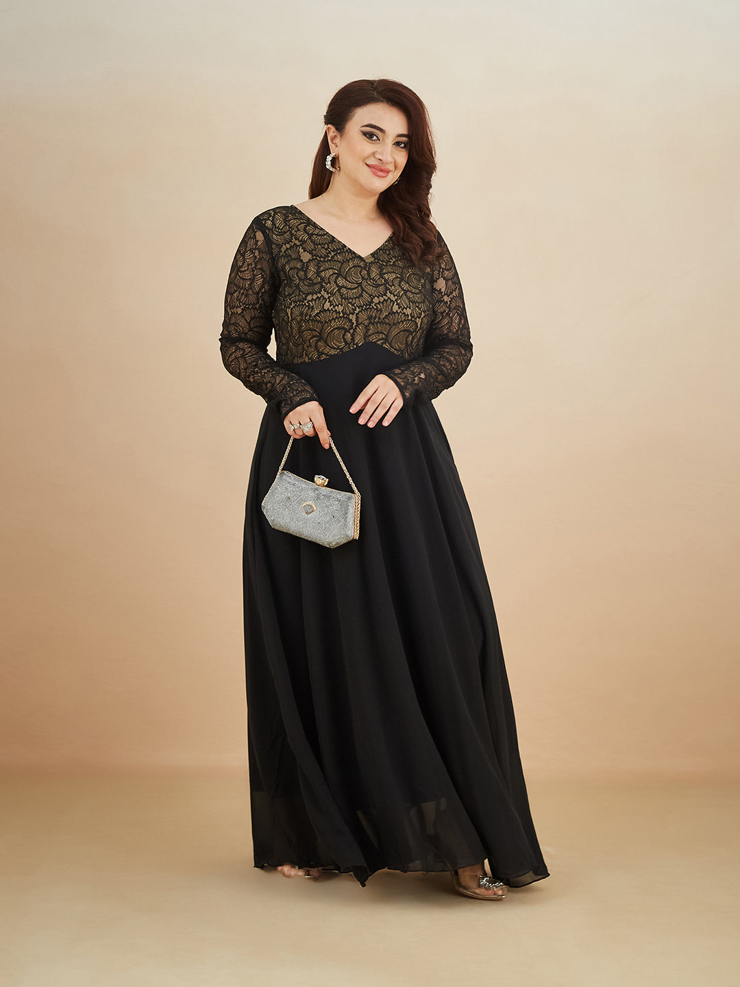 Black V-Neck Full Sleeve Self Design Lace-Overlaid Georgette Maxi Dress for Women — Miss Chase A+