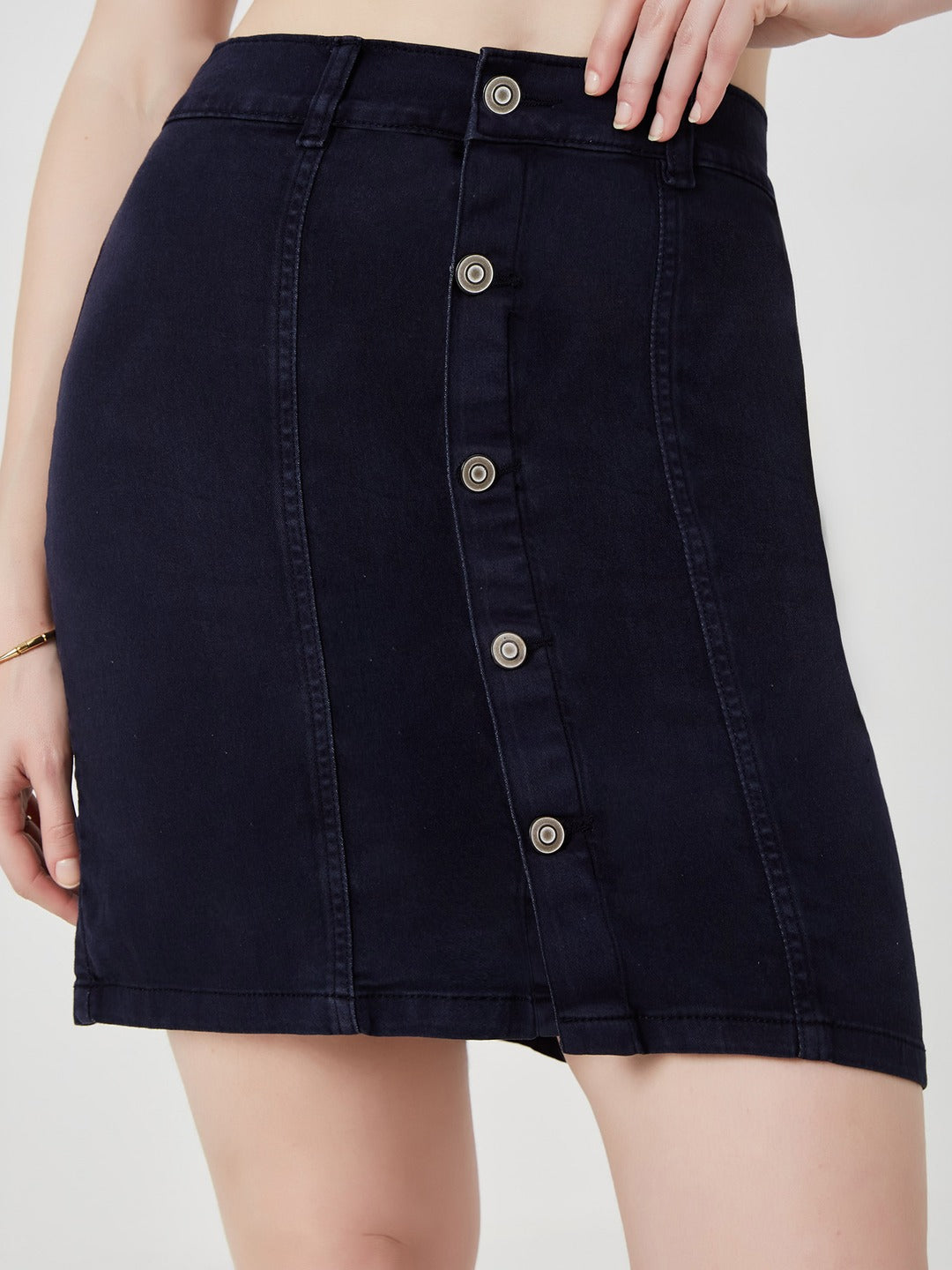Navy Blue Stretchable Solid A-line Mini Denim Skirt for Women
