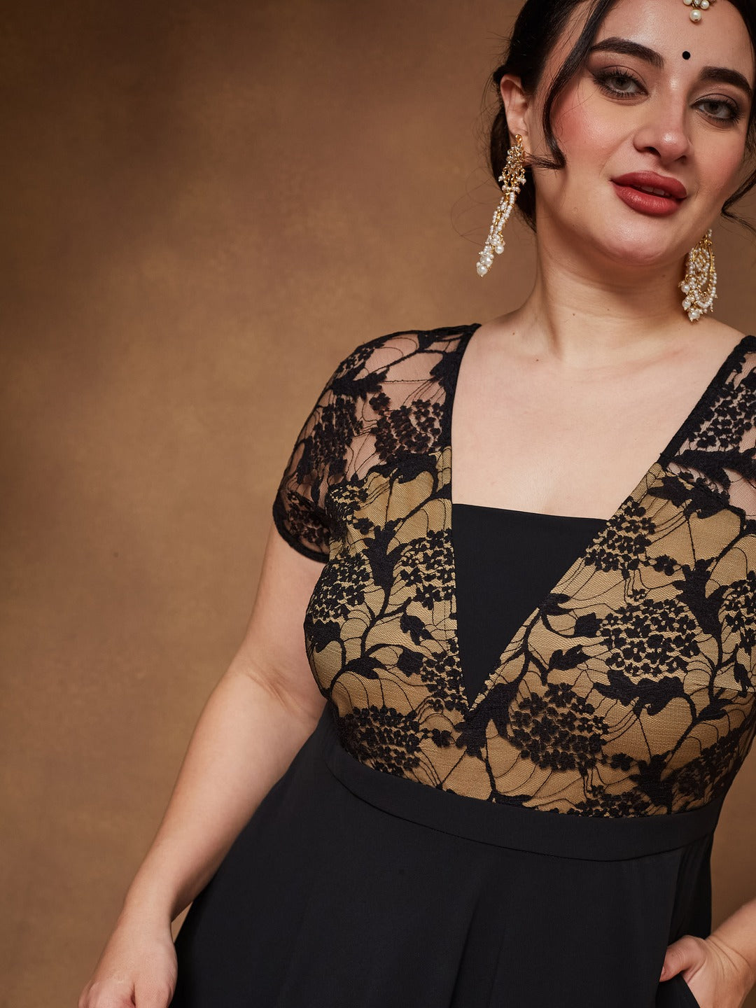 Black Square Neck Raglan Short Sleeve Self Design Lace Overlaid Georgette Maxi Dress for Women — Miss Chase A+
