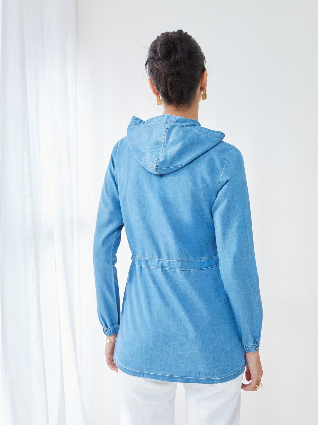 Light Blue Round Neck Full Sleeve Solid hoody with tie-up Long Denim Jacket for Women