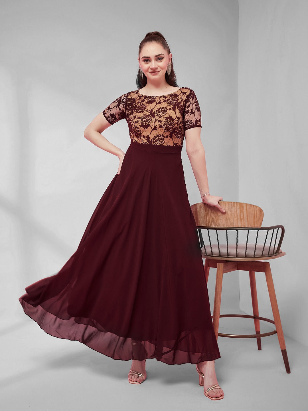Wine & Beige Relaxed Fit Regular Georgette Dress for Women