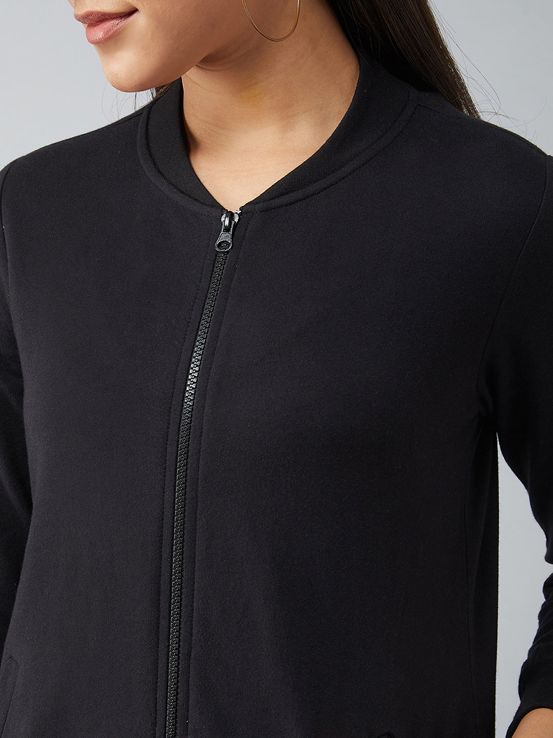 Women's Black V-Neck Full Sleeves Cotton Solid Bomber Jacket