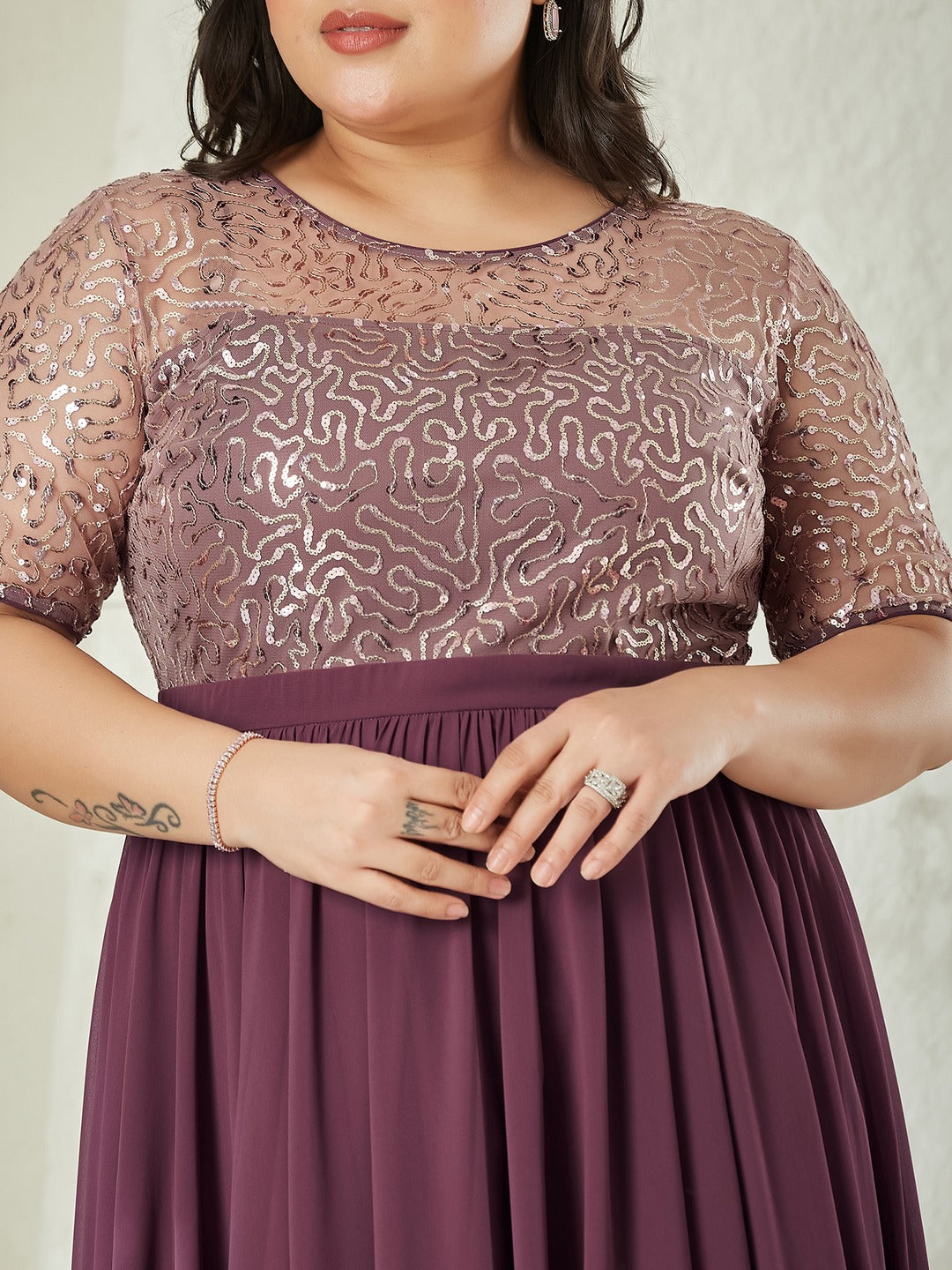 Mauve Relaxed Fit Maxi Georgette & Sequins Dress for Women