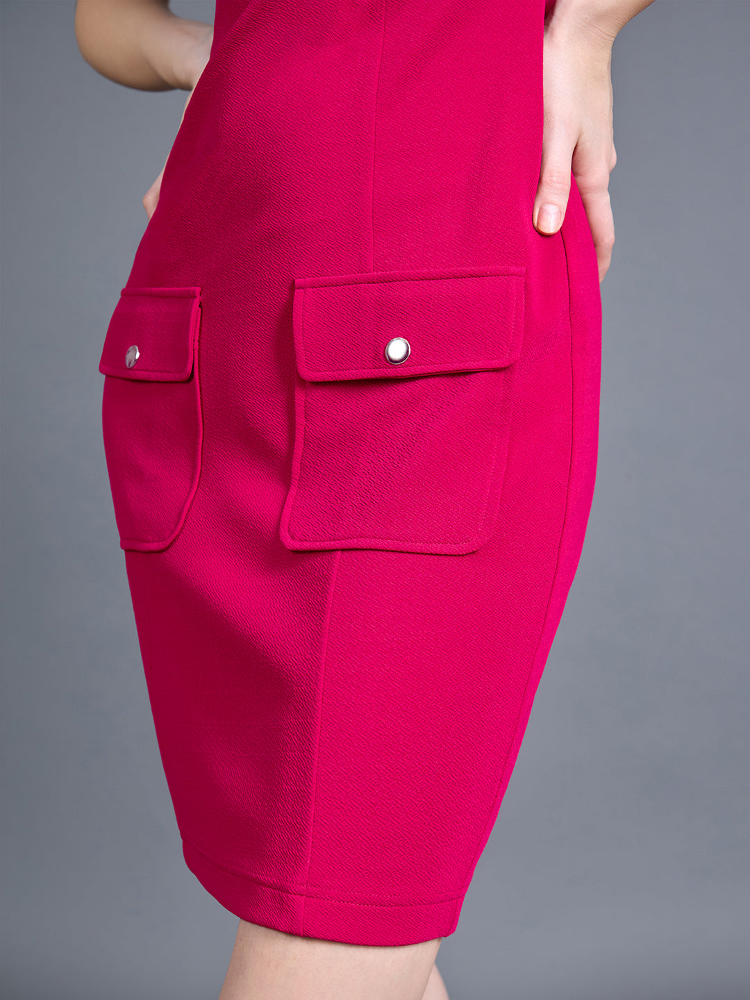 Women's Solid Dark-Pink Sleeveless Collared Bodycon Above-Knee Polyester Dress