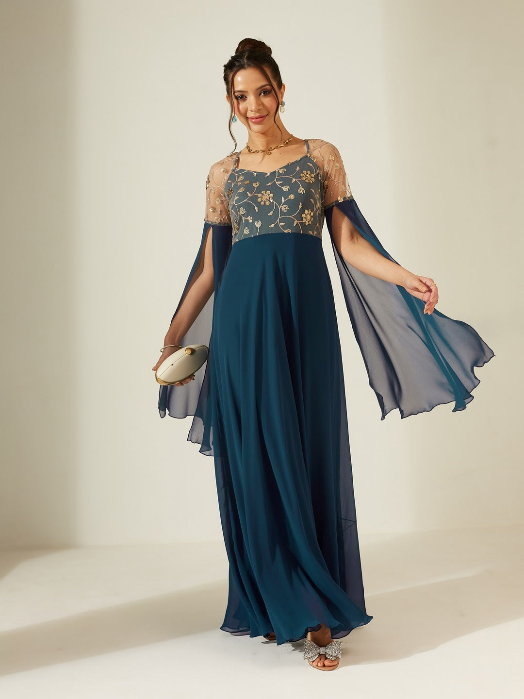 Teal V-Neck Full Sleeve Embroidered Fit & Flare Georgette Maxi Dress for Women