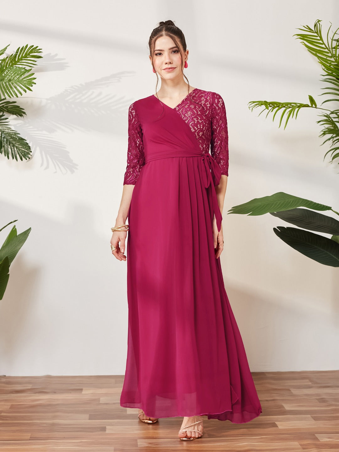 Dark Pink Colored V-Neck Three-Quarter Sleeve Self-Designed Wrap Maxi Georgette Dress for Women