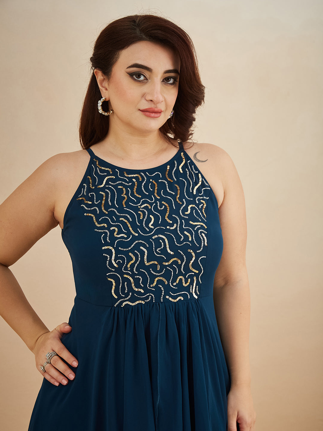 Teal Round Neck Sleeveless Solid Embellished Maxi Dress for Women