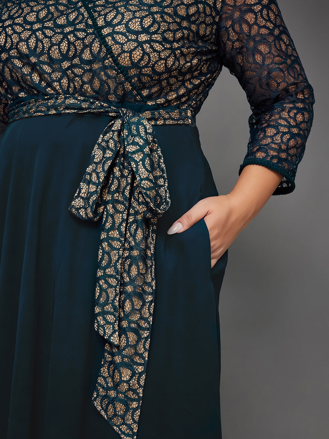 Teal Floral Printed Relaxed Fit V-Neck 3/4th Sleeve Maxi Dress  for Women