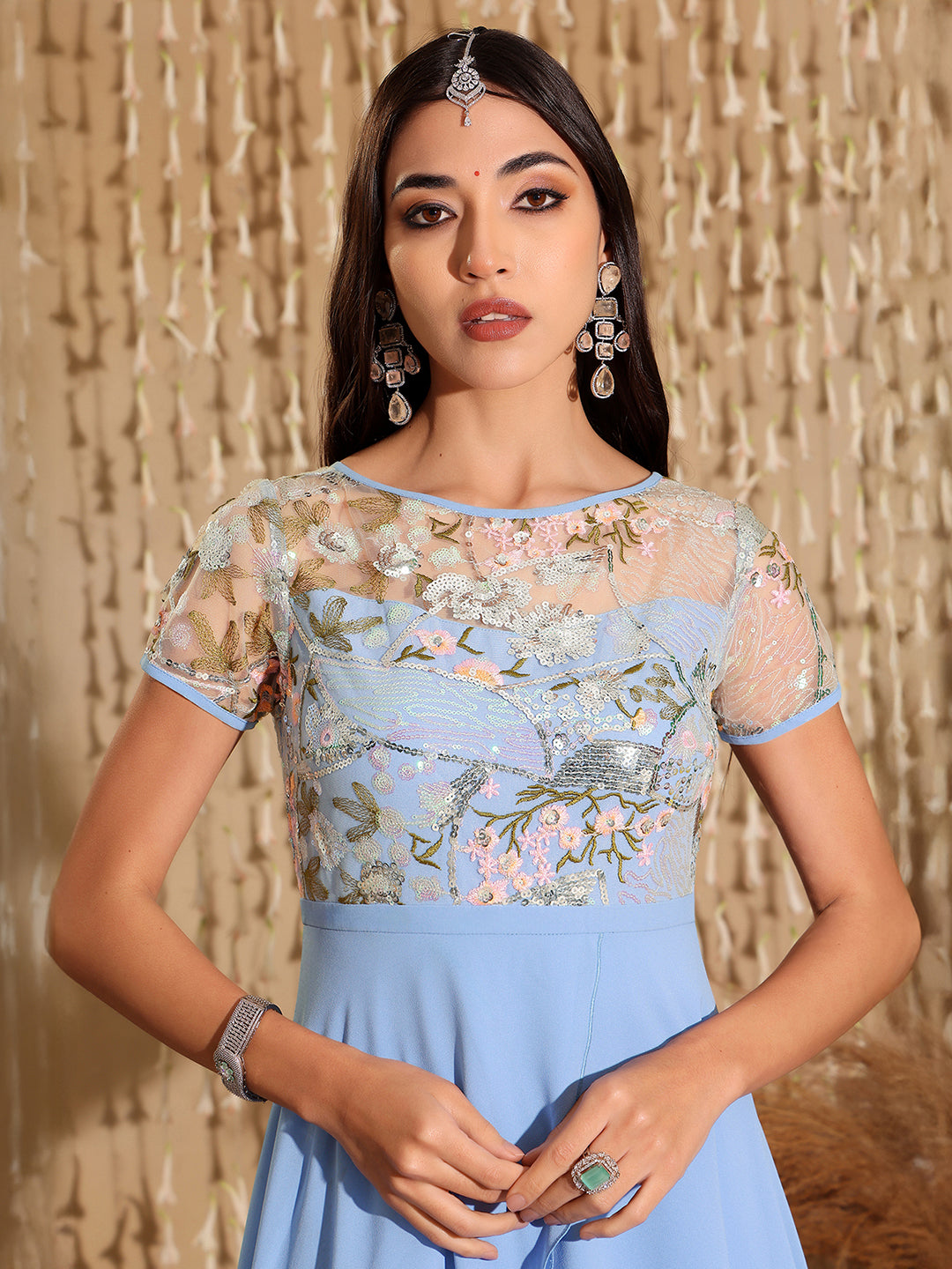 Women's Multicolored-Base-Sky Blue Round Neck Short Sleeve Floral Layered Georgette Midi Dress