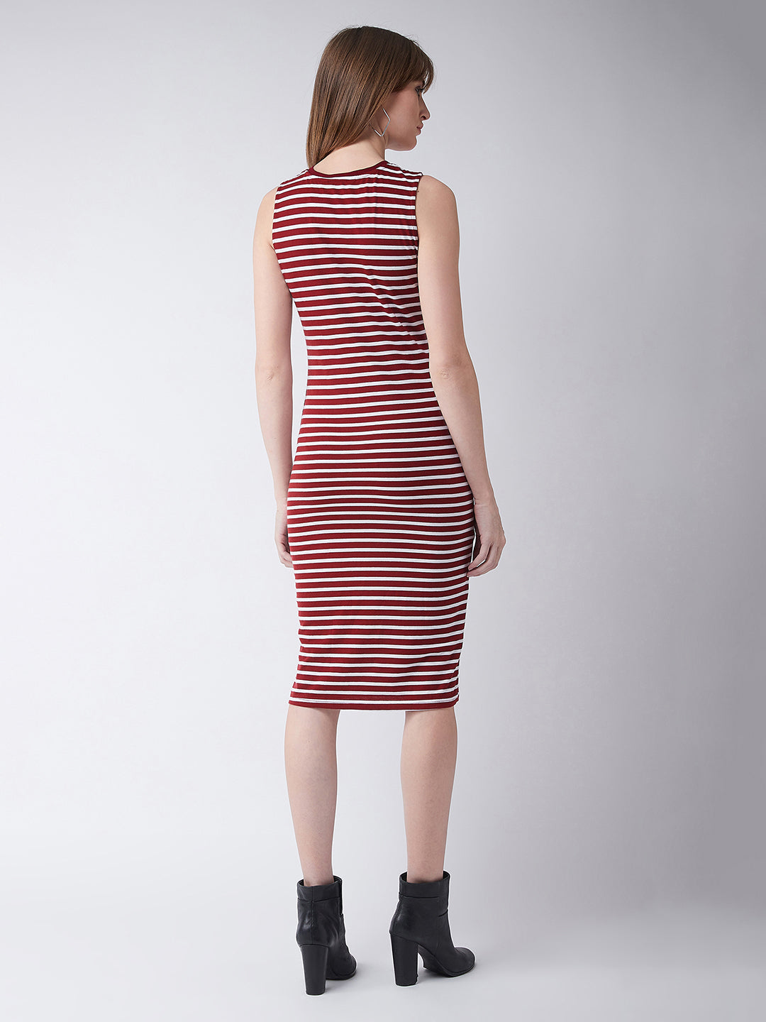 Women's Maroon and White Round Neck Sleeveless Striped Bodycon Dress